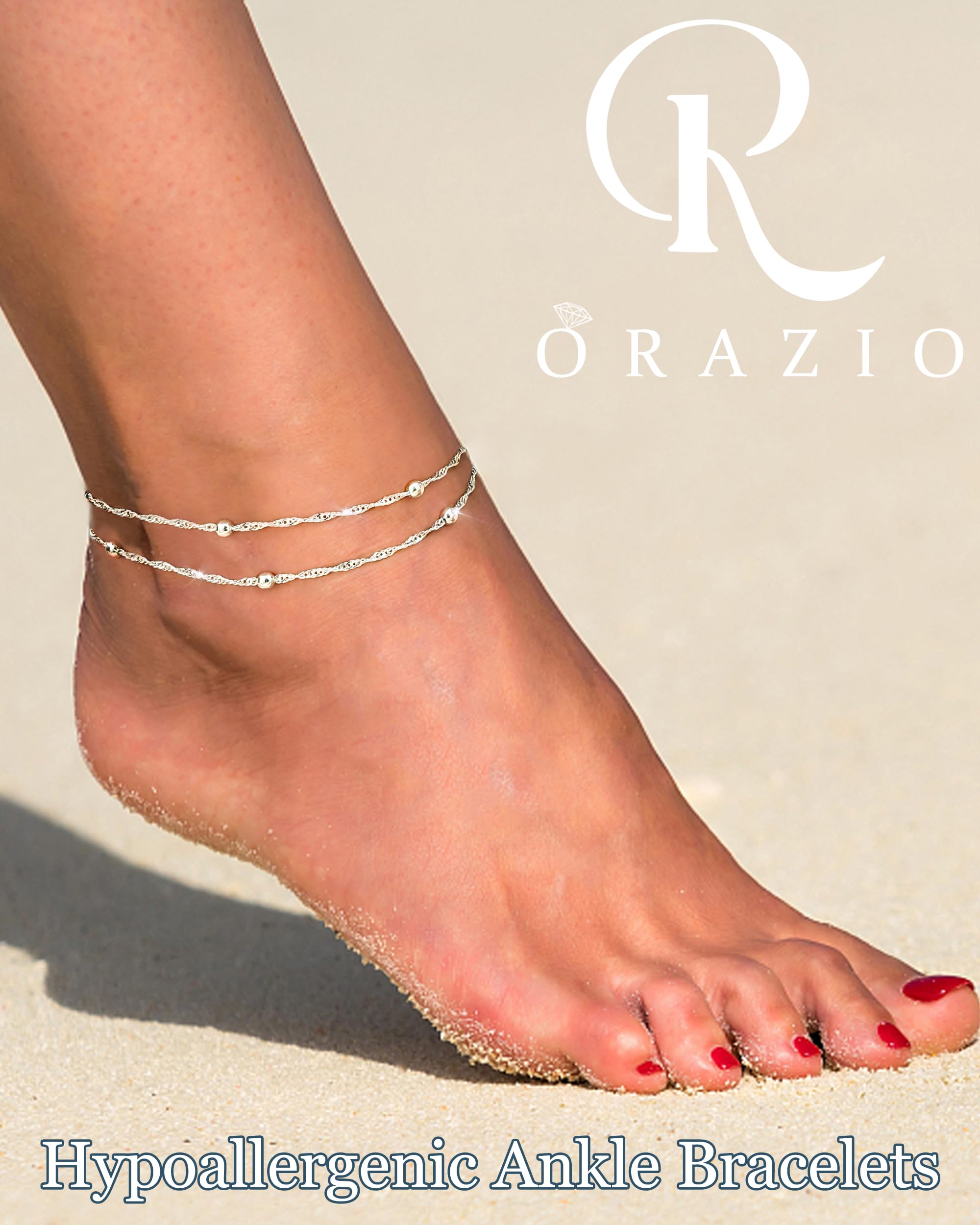 ORAZIO 925 Sterling Silver Ankle Bransoletka Wielowarstwowa Bransoletka Na Kostkę Dla Kobiet Serce Okrągła Piłka Cyrkon Wiele Style Kostki Łańcuch Regulowany Lato Plaża Biżuteria