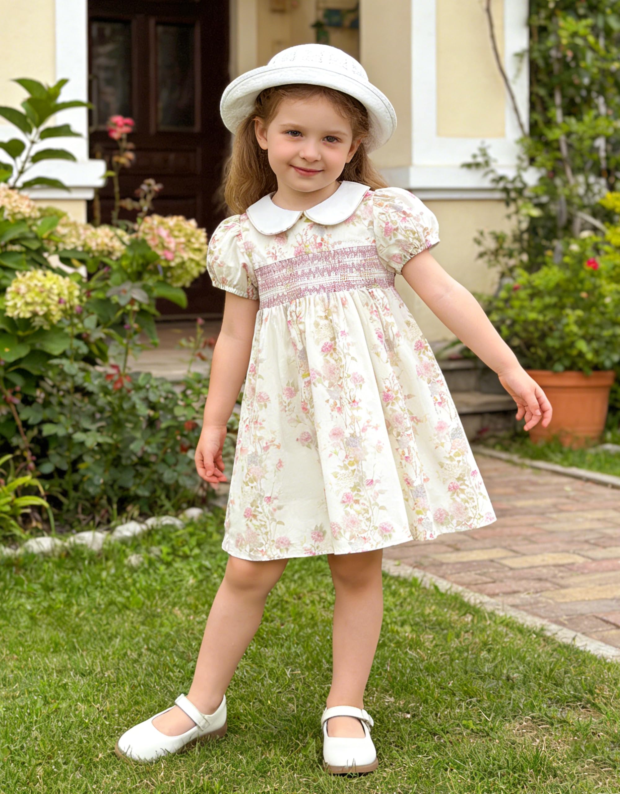 Miipat Kleider für Kleinkind Mädchen Blumenmuster Gerafftes Baumwolle Kleine Mädchen Sommerkleid Vintage Puffärmel Peter Pan Kragen Elegant Freizeitkleid für Kinder - 4