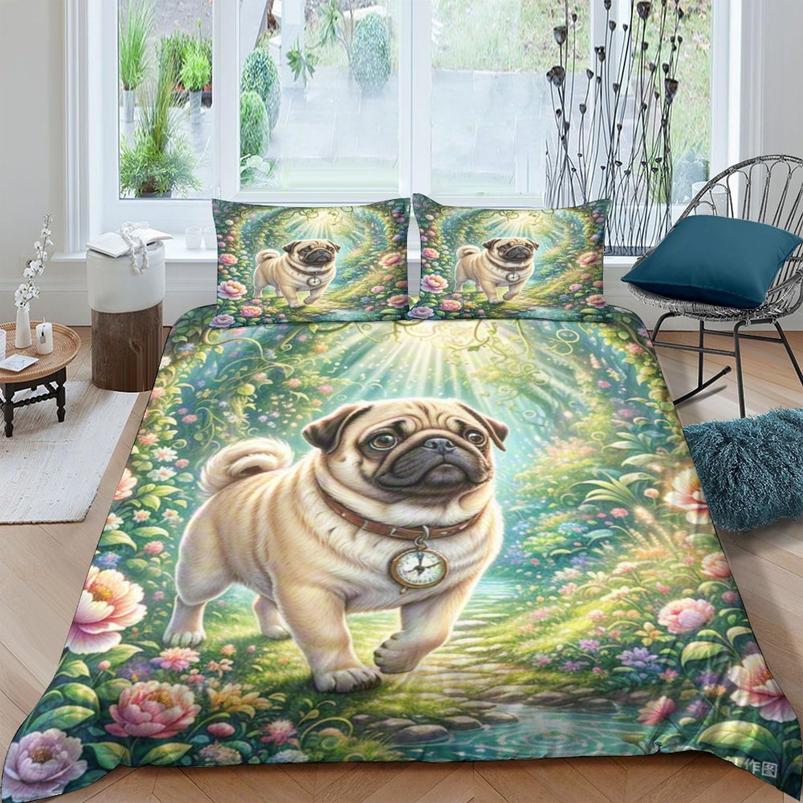 Housse de couette fermeture éclair cachée motif Pug 3D microfibre