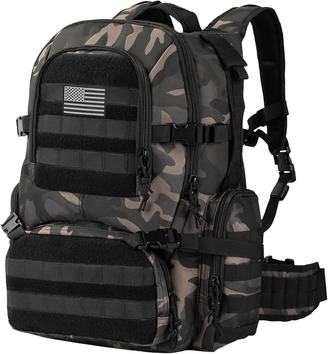 Hannibal Tactical MOLLE Assault Backpack, 52L Tactical Backpack Military Army Camping Rucksack, 3-Day Pack Trip, Black with Grey Patch