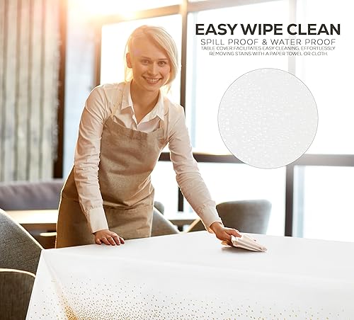 Miniatura 6 de Utopia Kitchen Mantel de plástico desechable (paquete de 12, 54 x 108 pulgadas), mantel rectangular con puntos dorados y blancos, impermeable,