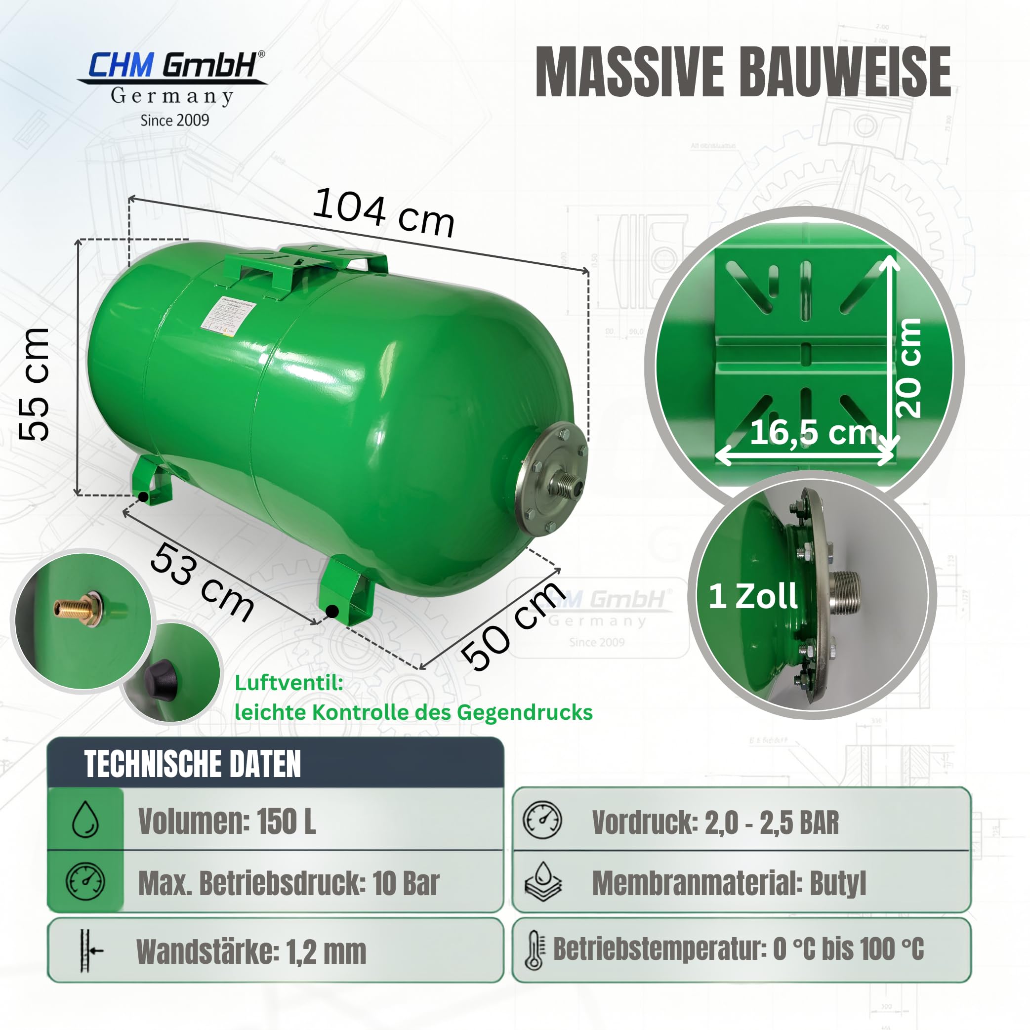CHM Membrankessel 150 L horizontal, 10 bar, Trinkwasser, Butyl-Membran | Ausdehnungsgefäß/Druckkessel für Hauswasserwerk & Druckerhöhungsanlage, Anschluss 1" AG, Stahlkessel, austauschbarer Membran