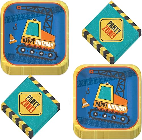Suministros para fiestas de construcción – Platos de postre de papel para excavadora de construcción azul de feliz cumpleaños y servilletas de