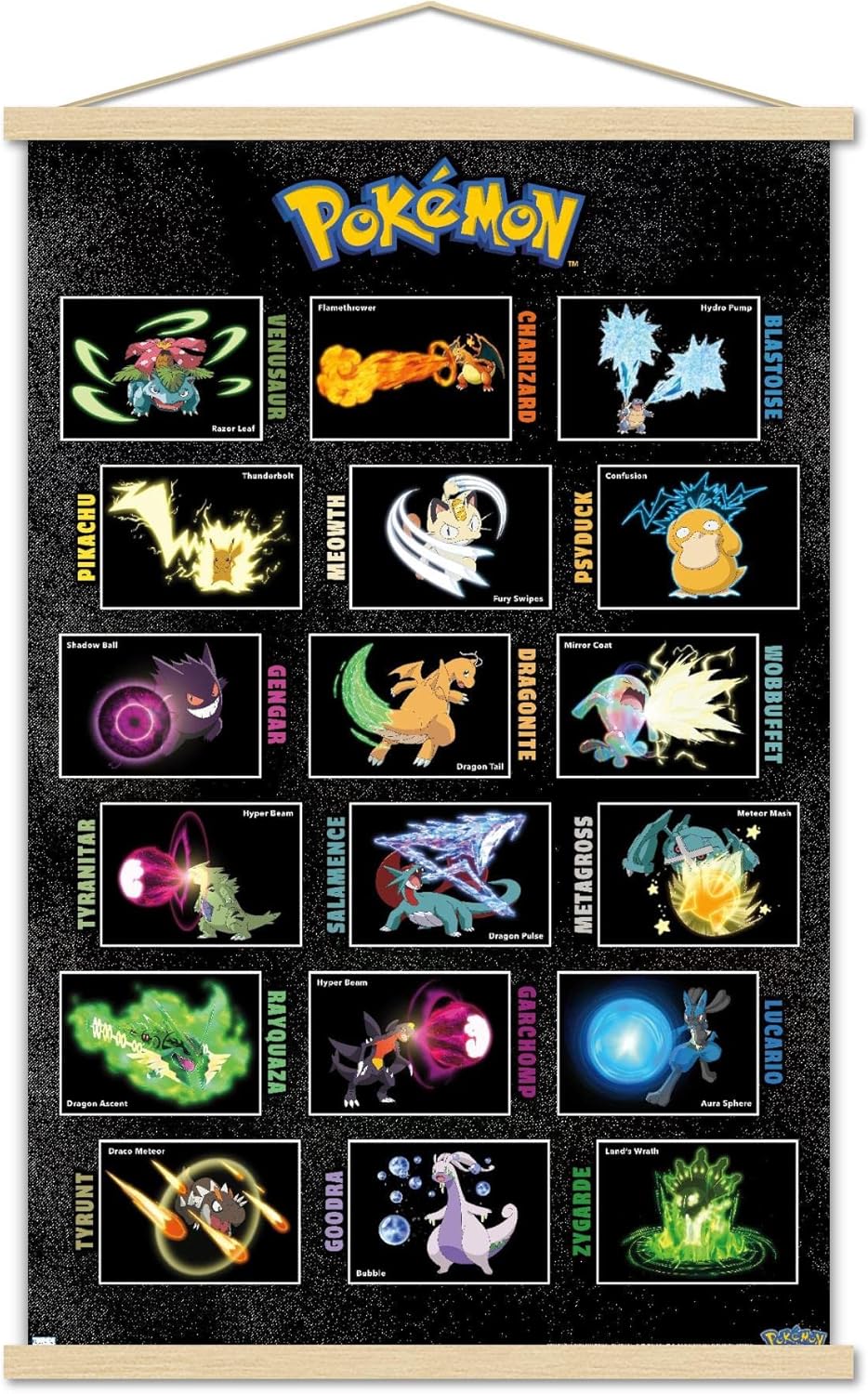 Trends International Pokémon - Moves Grid Wall Poster, 22.37" x 34.00", Print and Black Hanger Bundle