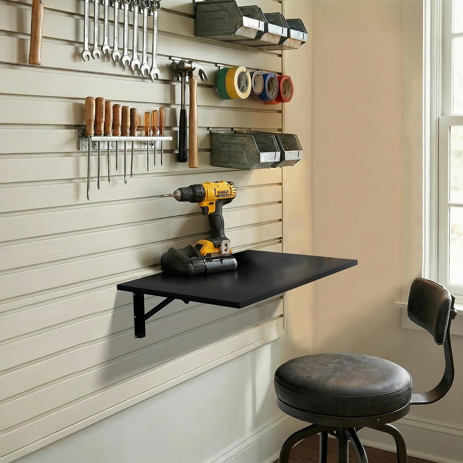 GOYLSER Wall Mounted Table Fold Down Workbench Length 25" Width 15.7", Laundry Floating Desk for the Garage/Shed/Office/Bar/Home Kitchen & Dining Room, Black