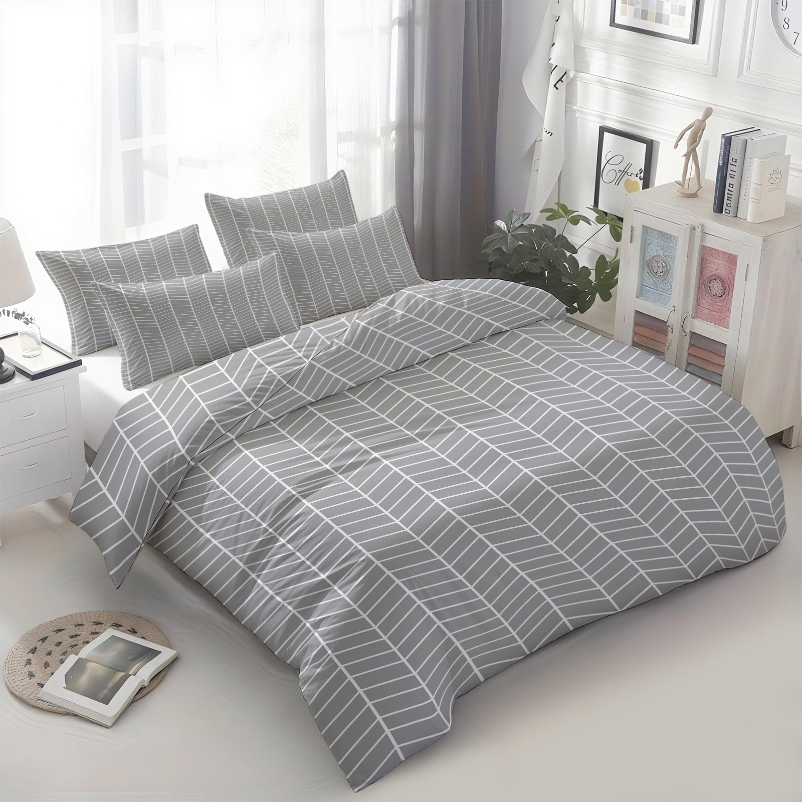 Graue Bettwäsche-Sets 180x200 cm Geometrisch Gestreift, Wendebettwäsche Weiche Mikrofaser Allergiker 3 Teilig Bettbezug mit Reißverschluss, Moderner Deckenbezug mit 2 Kissenbezügen 80x80 cm