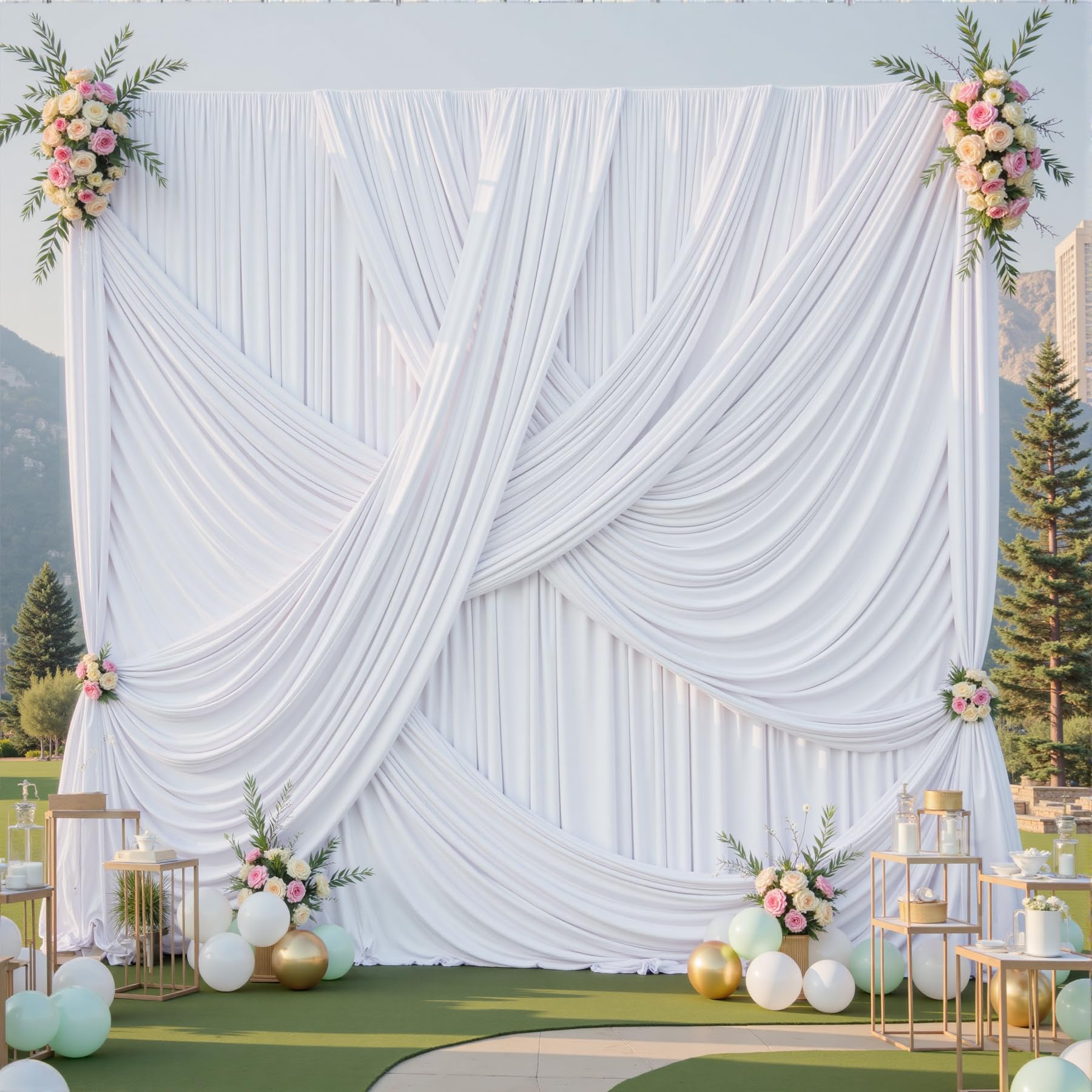 20ft×12ft White Backdrop Curtain for Wedding Parties, 4 Panels Wrinkle Free Polyester Photo Backdrop Drapes Back Drop Cloth for Birthday Photography
