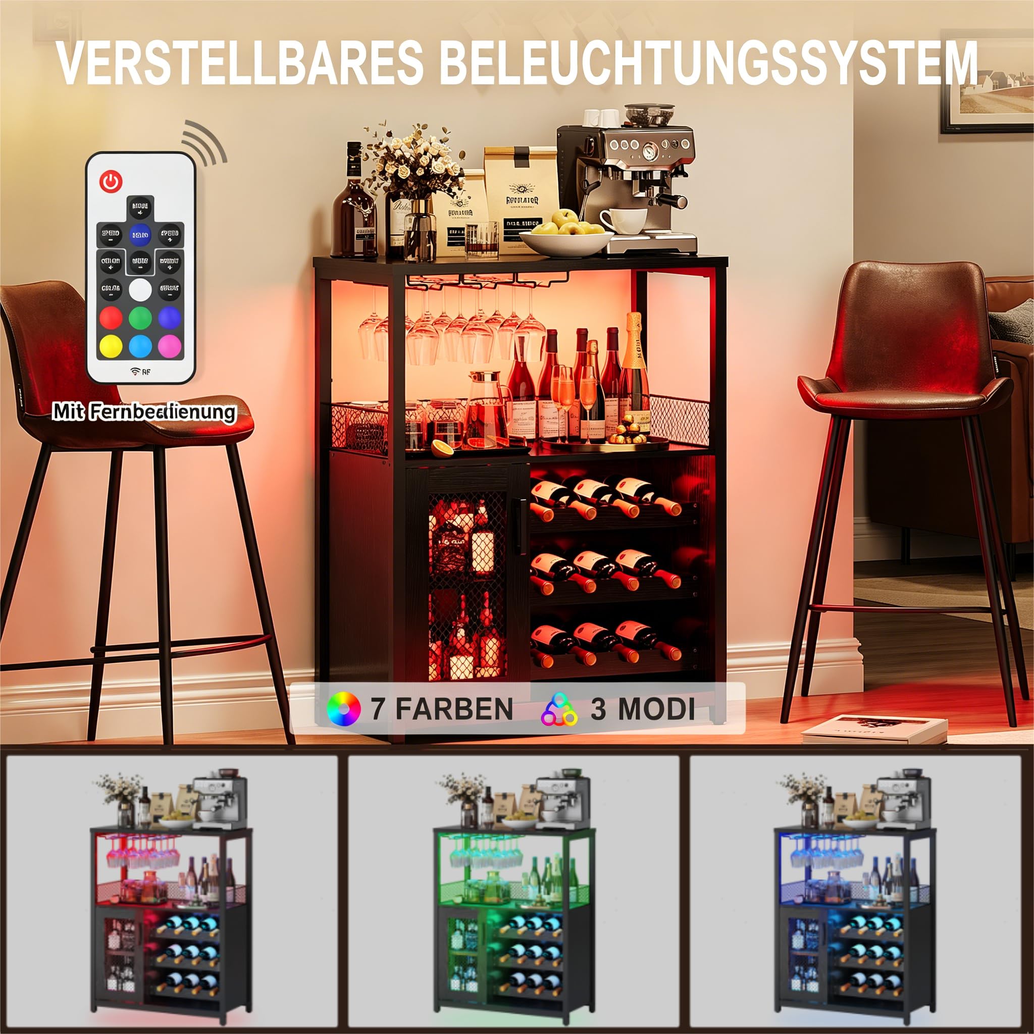 Weinregal, mit verstellbarem Weinregal und Glashalter, Industrial Design mit LED Licht, Getränkeaufbewahrung als Weinbarschrank für Küche, Esszimmer, Wohnzimmer, 70x35x92 cm, Holzmaserung Schwarz