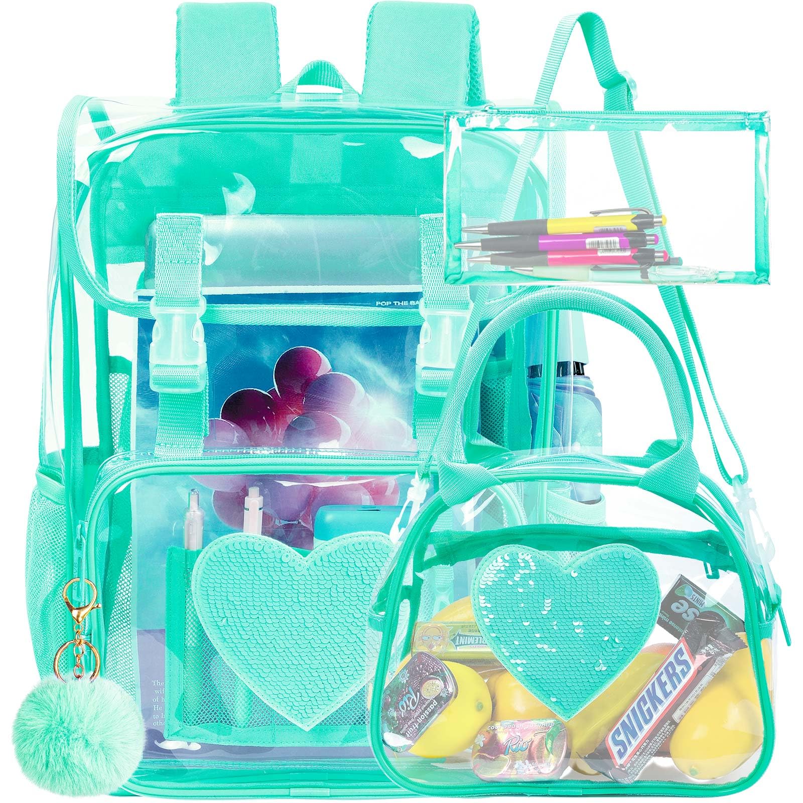 ZLYERT 17" Sequin Clear Backpack for Girls - Sparkle Flip Design Stadium Approved 3Pcs Set, Transparent Bookbag for Concert/School (Green)