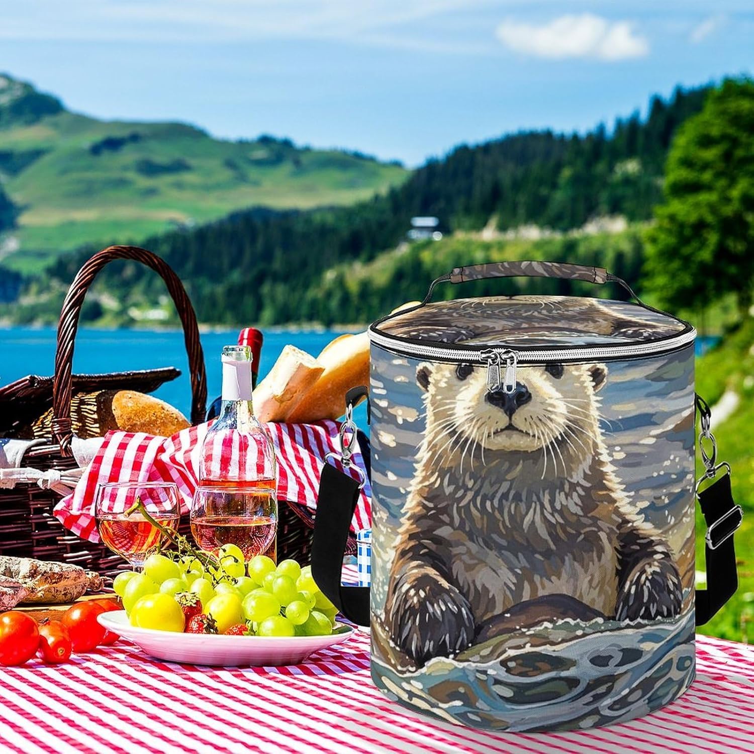 Sea Otters Painting Lunch Bag 15L, Insulated Picnic Basket with Leakproof Design - Large Cooler Tote for Camping, Beach, Hiking & Groceries