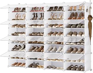 SONGMICS Shoe rack, modular entrance shelf, with doors, steel frame and plastic shelves, bedroom, 16 compartments for 64 pairs, cloud white and transparent LPC045WH01