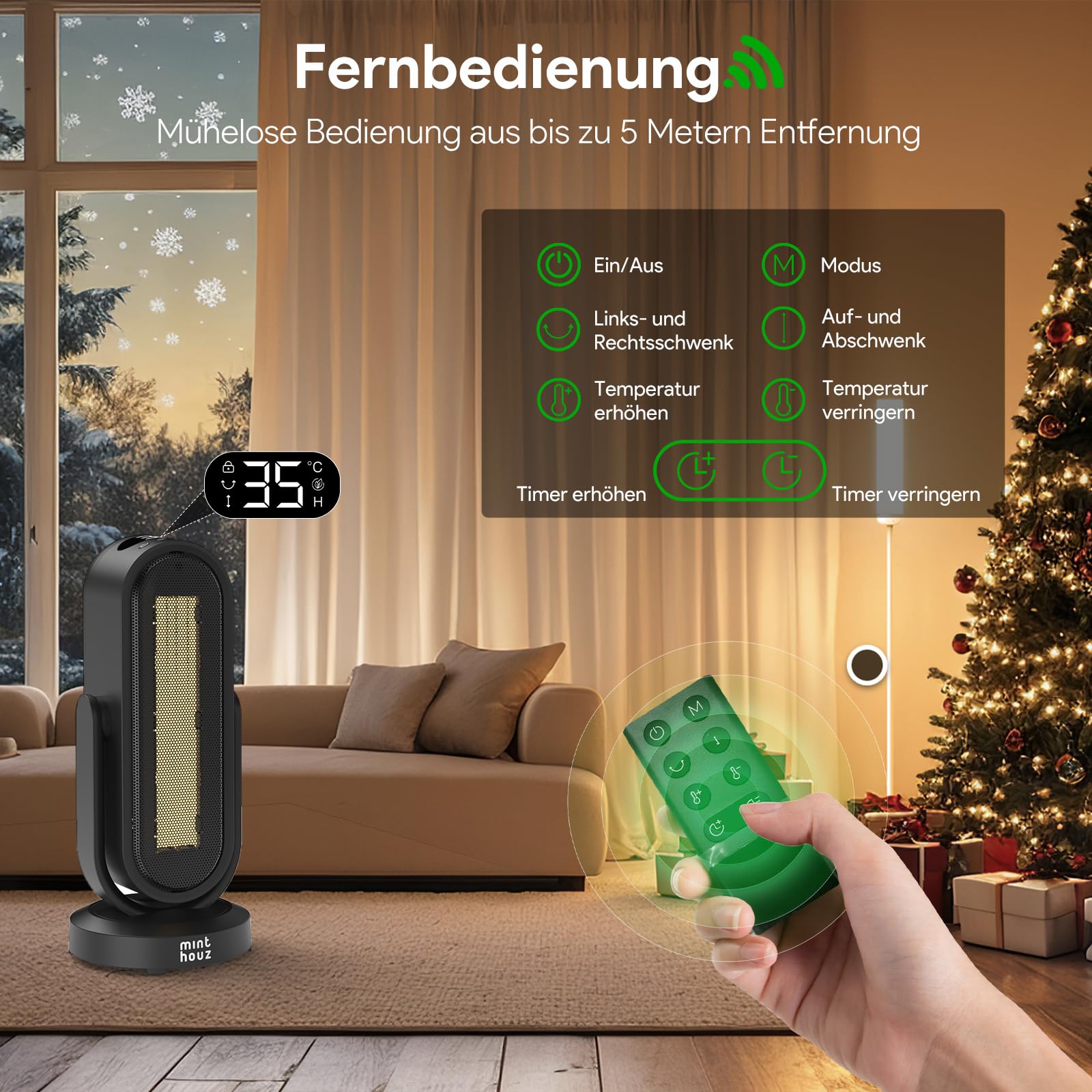 Minthouz Heizlüfter Energiesparend, PTC Keramik Heizlüfter, 3 Modi, 8H Timer, 120° Schwenkbereich, Tragbare Thermostat Heizung Mit Überhitzungs- und Kippschutz für Zuhause, Schlafzimmer, Büro