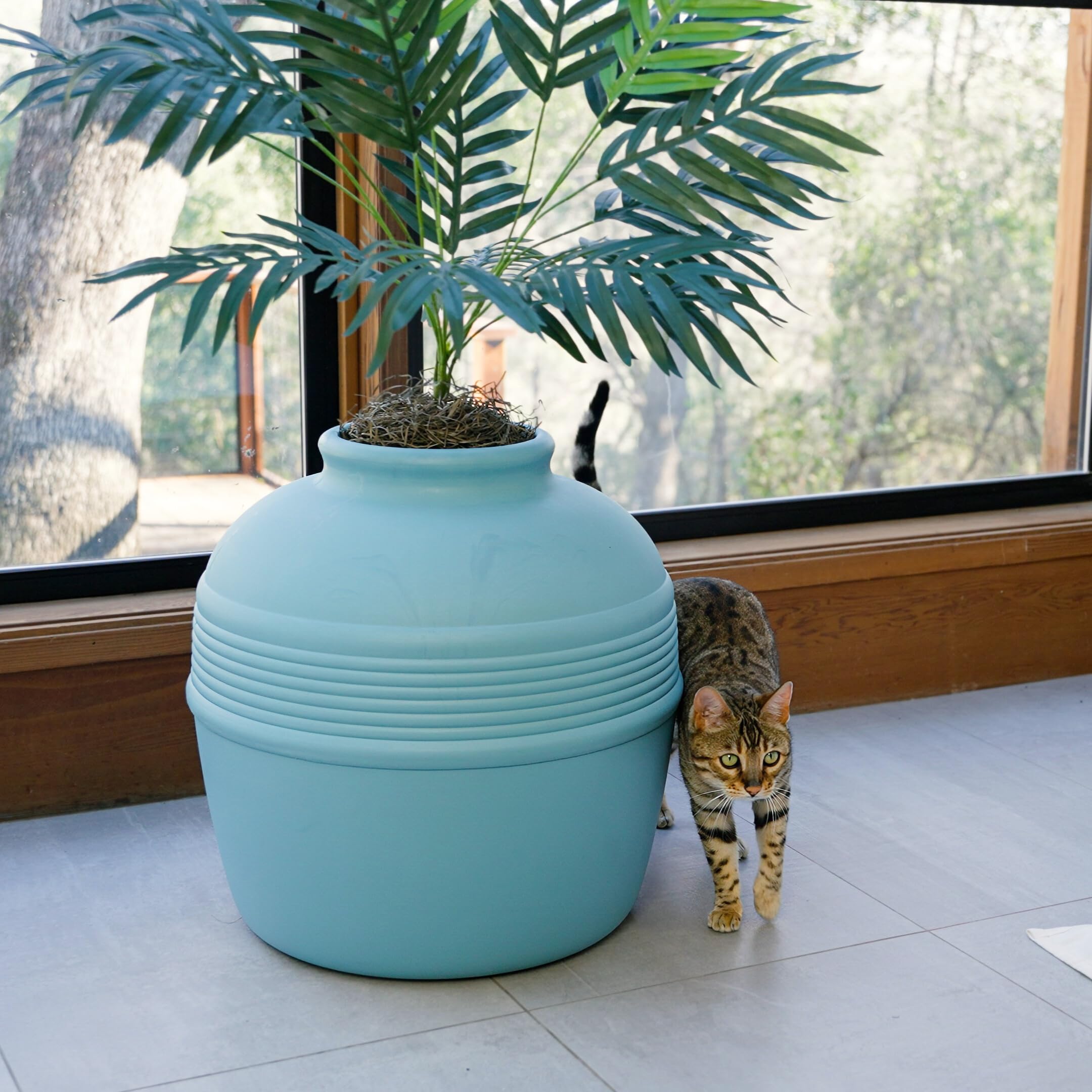 Good Pet Stuff zestaw podstawowy okrągłej ukrytej kociej kuwety w kształcie plantera ze sztuczną rośliną, wentylowany system filtrów węglowych z kapturem do kontroli zapachów, łatwy do czyszczenia,