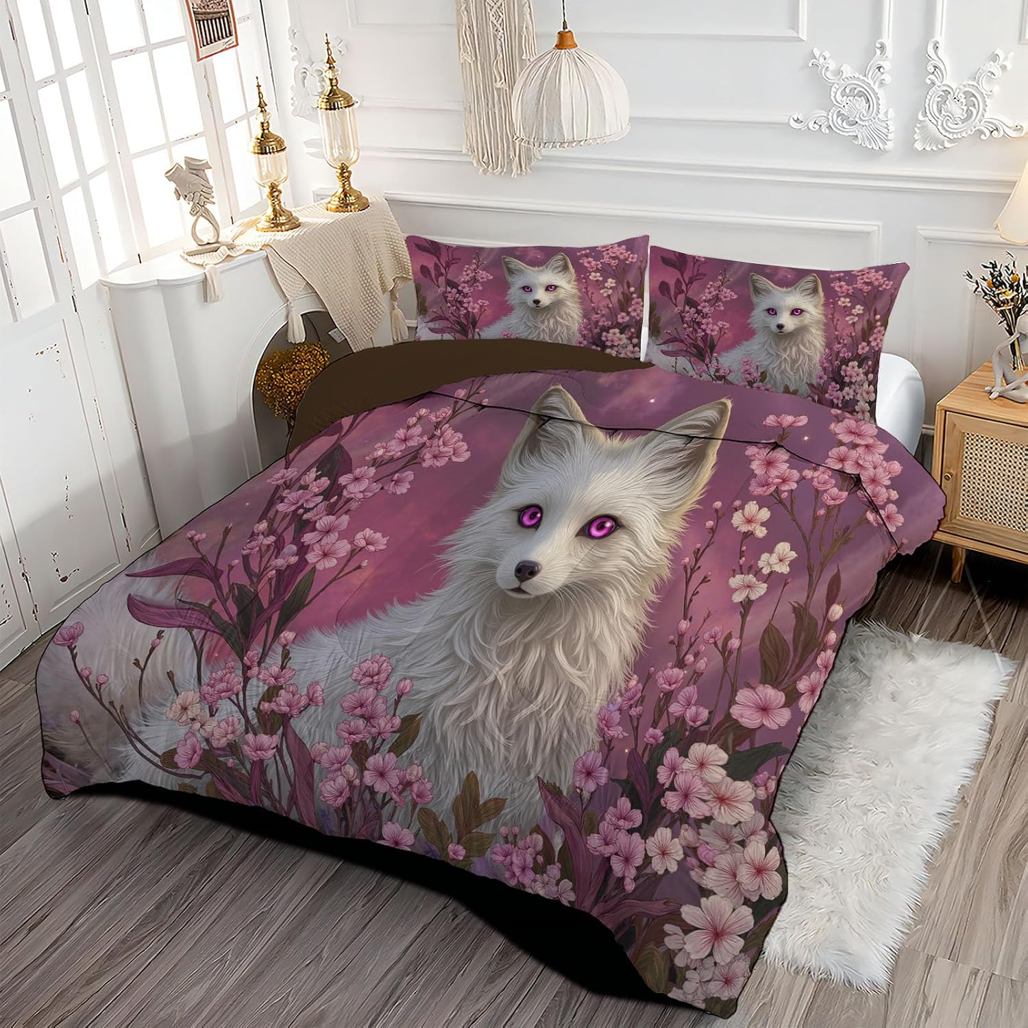 Animals Cherry Blossoms Comforter Set Full Size, Cartoon Fox Bedding Set for Teens Adults Room, Pink Soft 80" x 90" Quilt with 2 Pillow Cases, Lightweight Pink Quilt for All Season