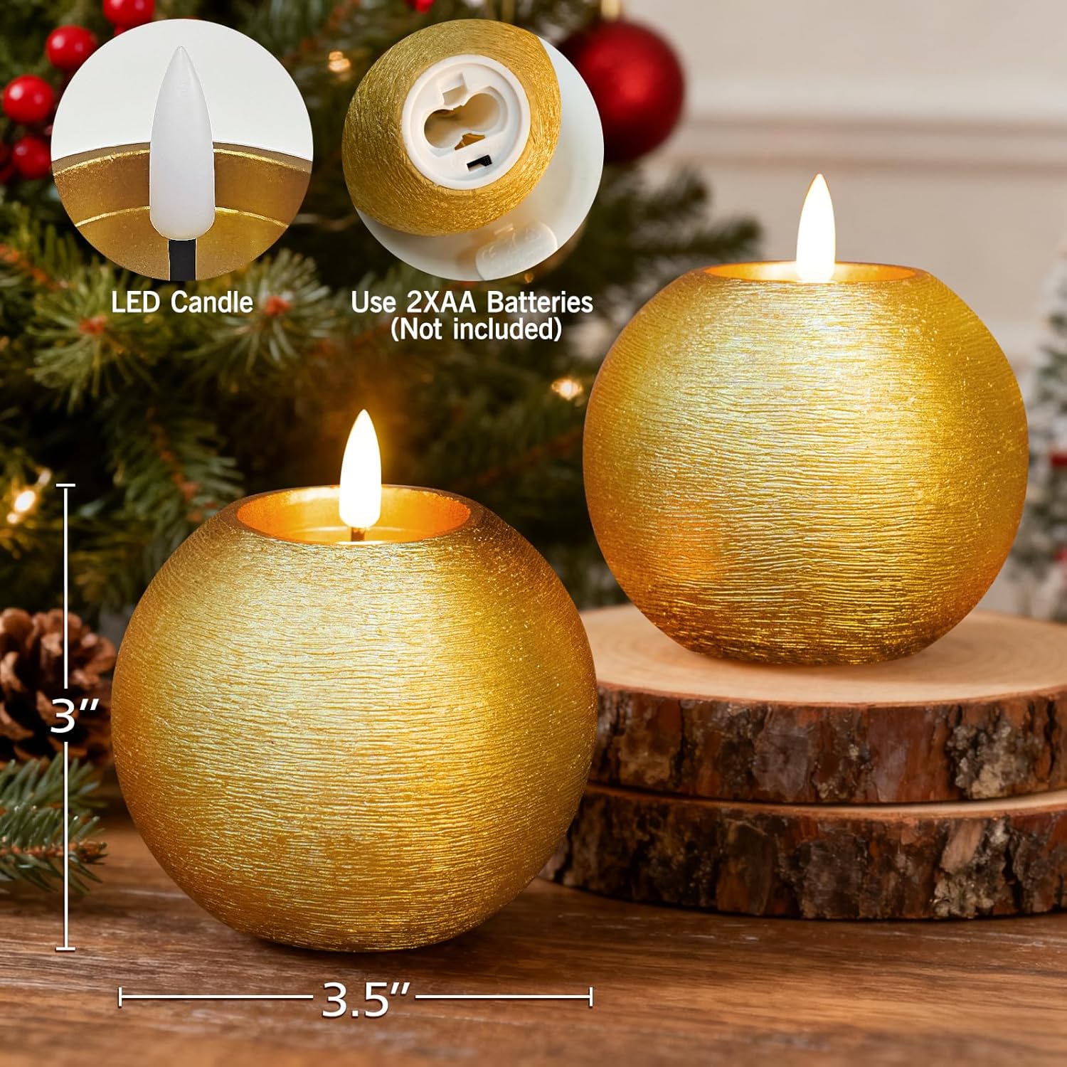 Gold Glitter Battery Operated Round Candles with Timer, Flickering Real Wax LED Flameless Ball Candles for Christmas Party Home Decor Table Centerpieces, Set of 2 (4 Inch) - Image 4