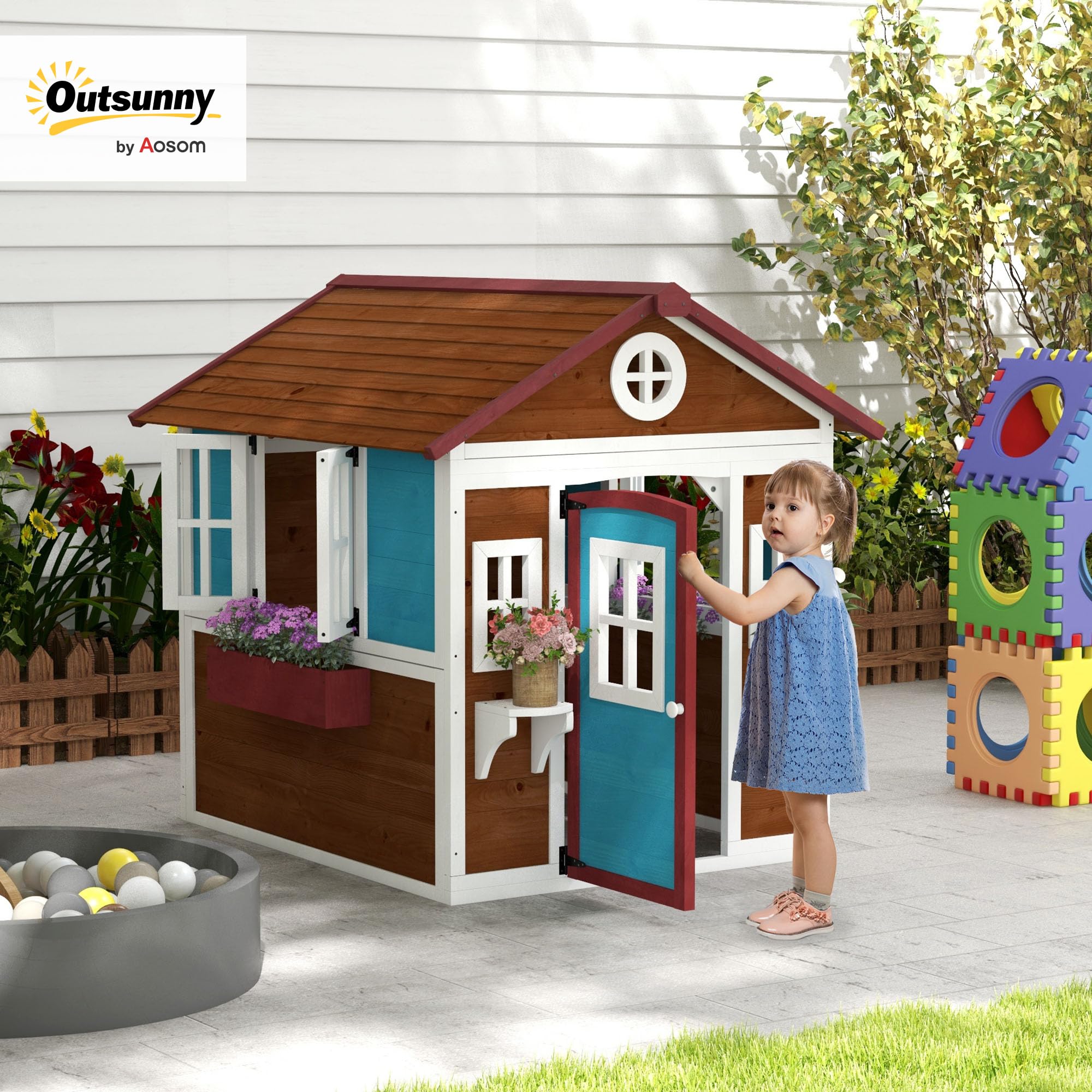 Outsunny Cabaña Infantil de Exterior, casita Infantil de Exterior, con Puerta, Ventanas y jardineras, cabaña de jardín para niños de 3 a 8 años, 114 x 126,4 x 135 cm, marrón