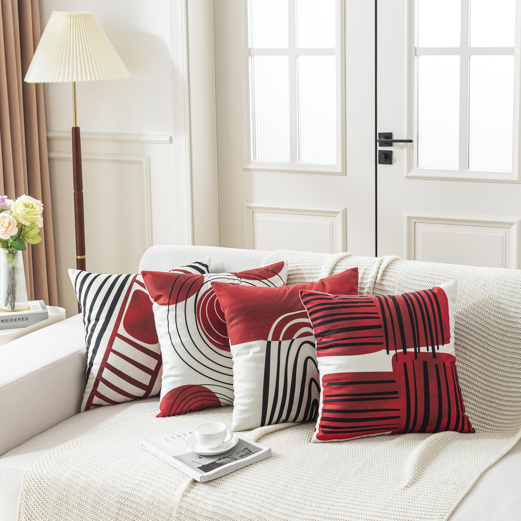 TOMMO Set of 4 Cushion Covers 45x45cm Mid Century Bohemian Red Black Abstract Geometric Decorative Pillow Cases Home Decor Standard Square 18x18 Inches - Image 2
