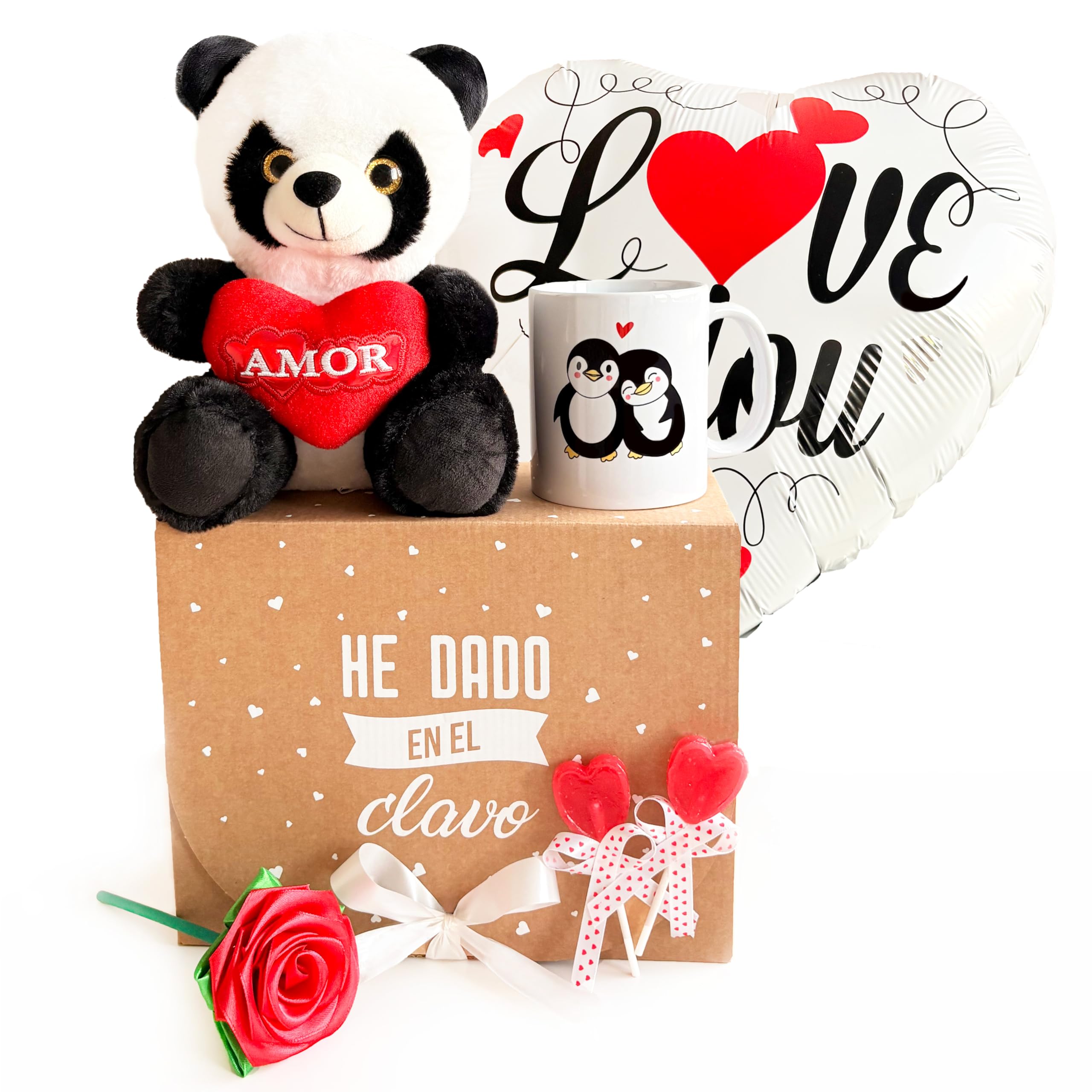 Pack de Peluche Romántico - Taza Pinguinos y más – Regalo Original para Aniversario y San Valentín – Pack Regalo para Novia Ideal para Parejas - Incluye Peluche, Taza, Globo, Piruletas y Rosa Eterna