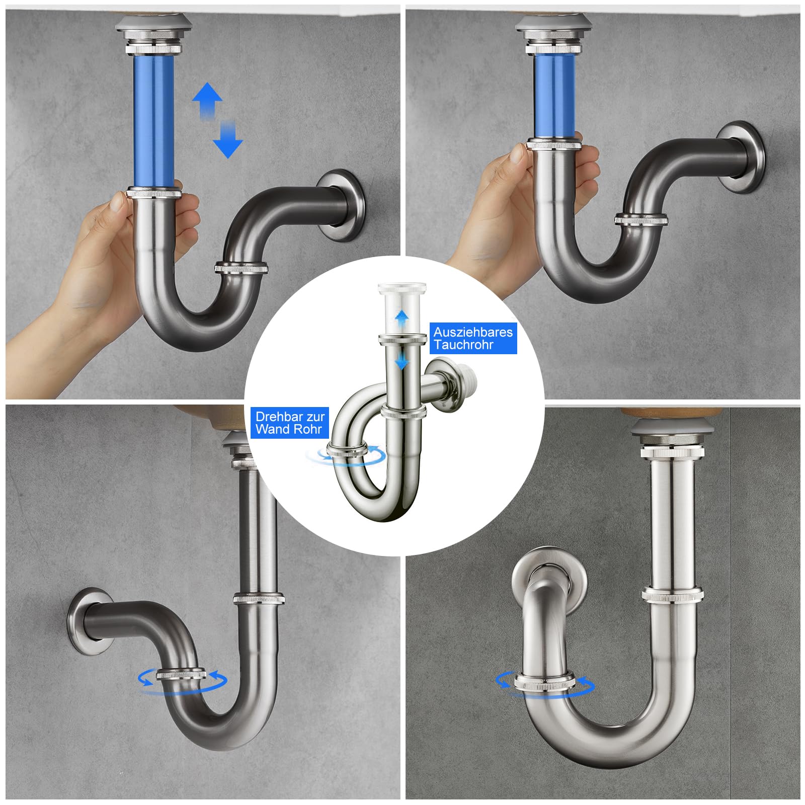 KEOKBON Bottle Trap Flat, G1 1/4 Brass Basin Waste Bottle Trap Set Height Adjustable P Trap Waste Odour Traps Plumbing Drain Pop-up Drain, Nickel Brushed - Image 2