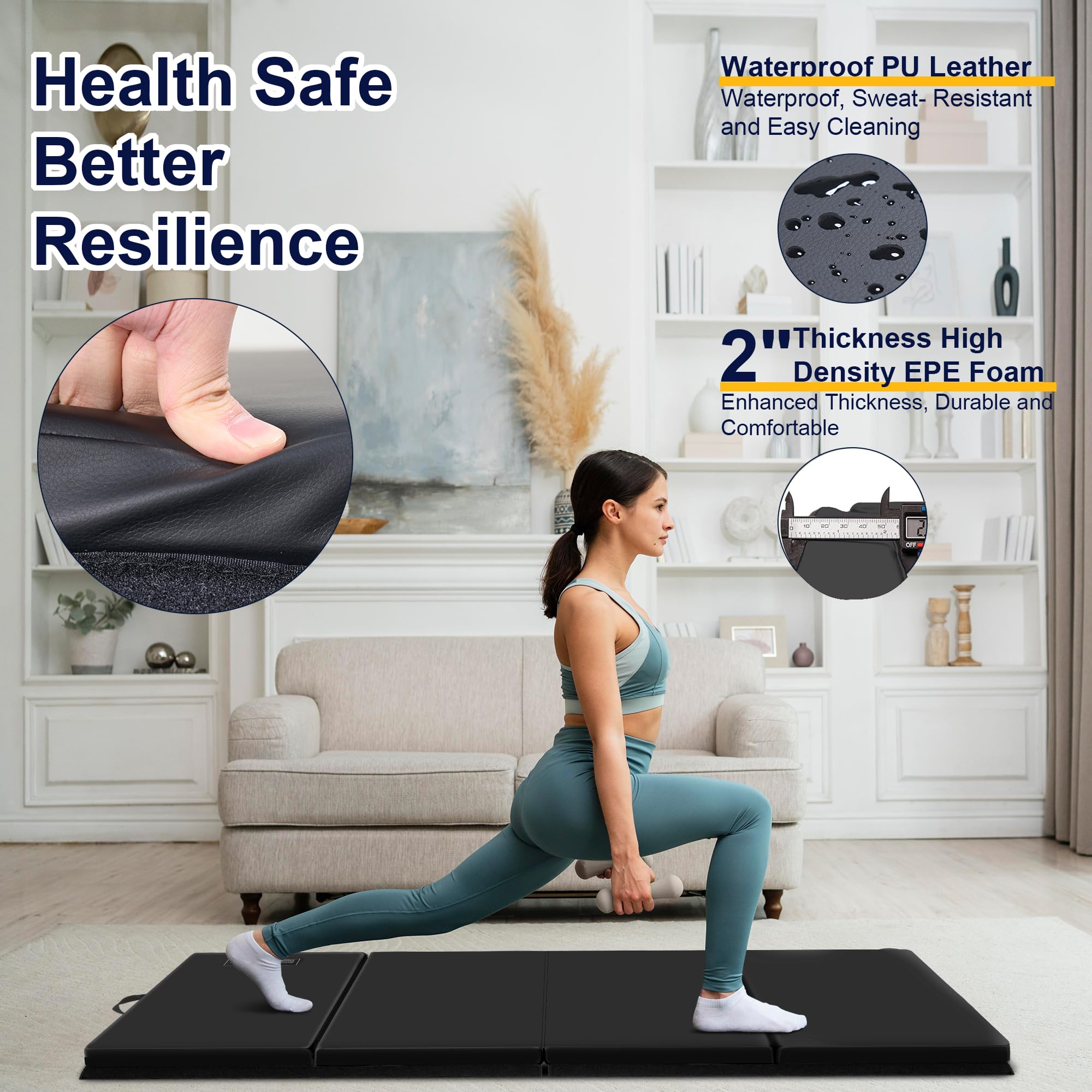 Polar Aurora 3'x6'x2 Thick Folding Gymnastics Exercise Mat Aerobics Stretching Yoga Mats (Black)