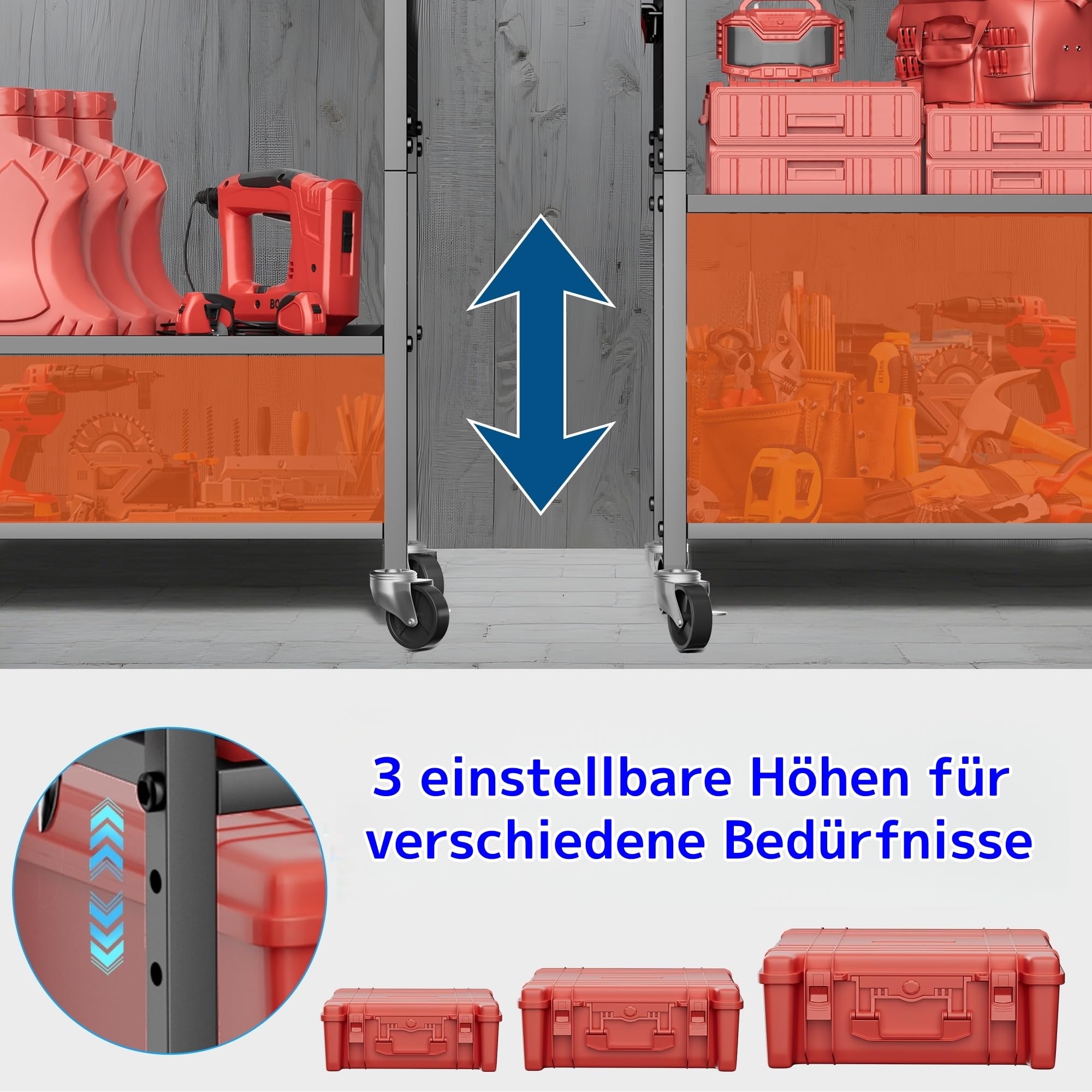 Werkzeugwagen mit Rädern, 4-stufiges Werkzeugregal für hohe Belastbarkeit (250 kg), mit 8 Akku-Bohrerhaltern und seitlicher Stecktafel, Metall-Mehrzweckregal für Zuhause, Garage, Lager, groß mit Schub