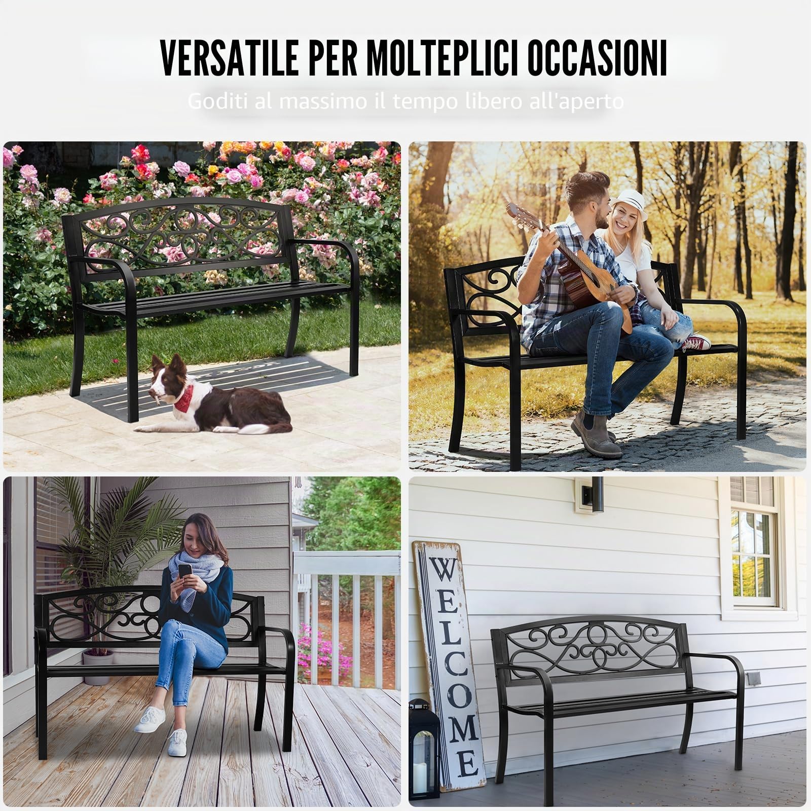 VEVOR Panchina da Esterno da 52,7 x 127 x 81,8 cm Panchina da Giardino in Metallo per Esterni, Capacità di Carico di 250 kg Panchina da Giardino con Schienale, Braccioli, per Parco, Cortile, Portico