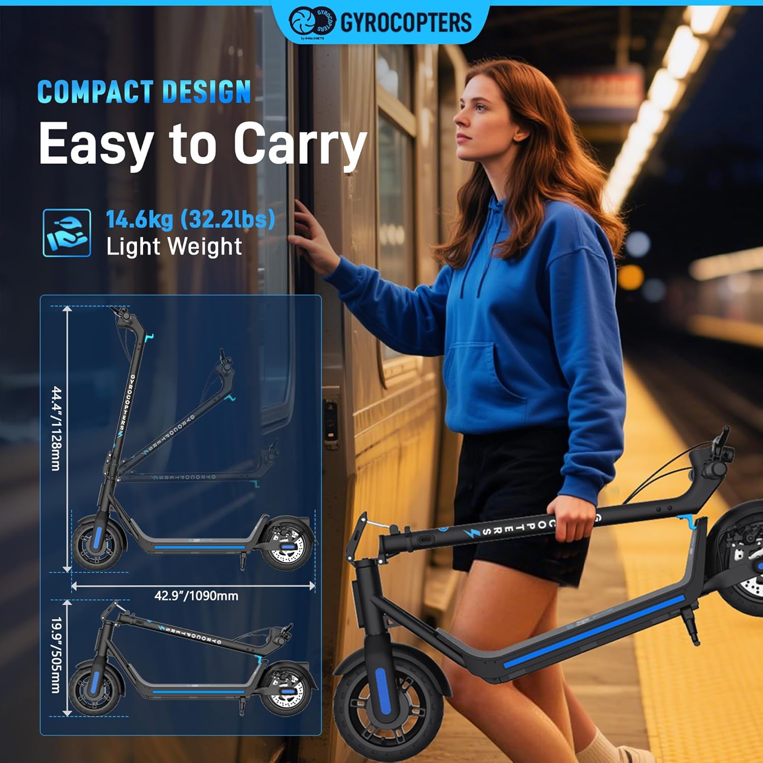 Woman carrying a folded Gyrocopters FlashX scooter, illustrating its compact design and lightweight for easy portability.