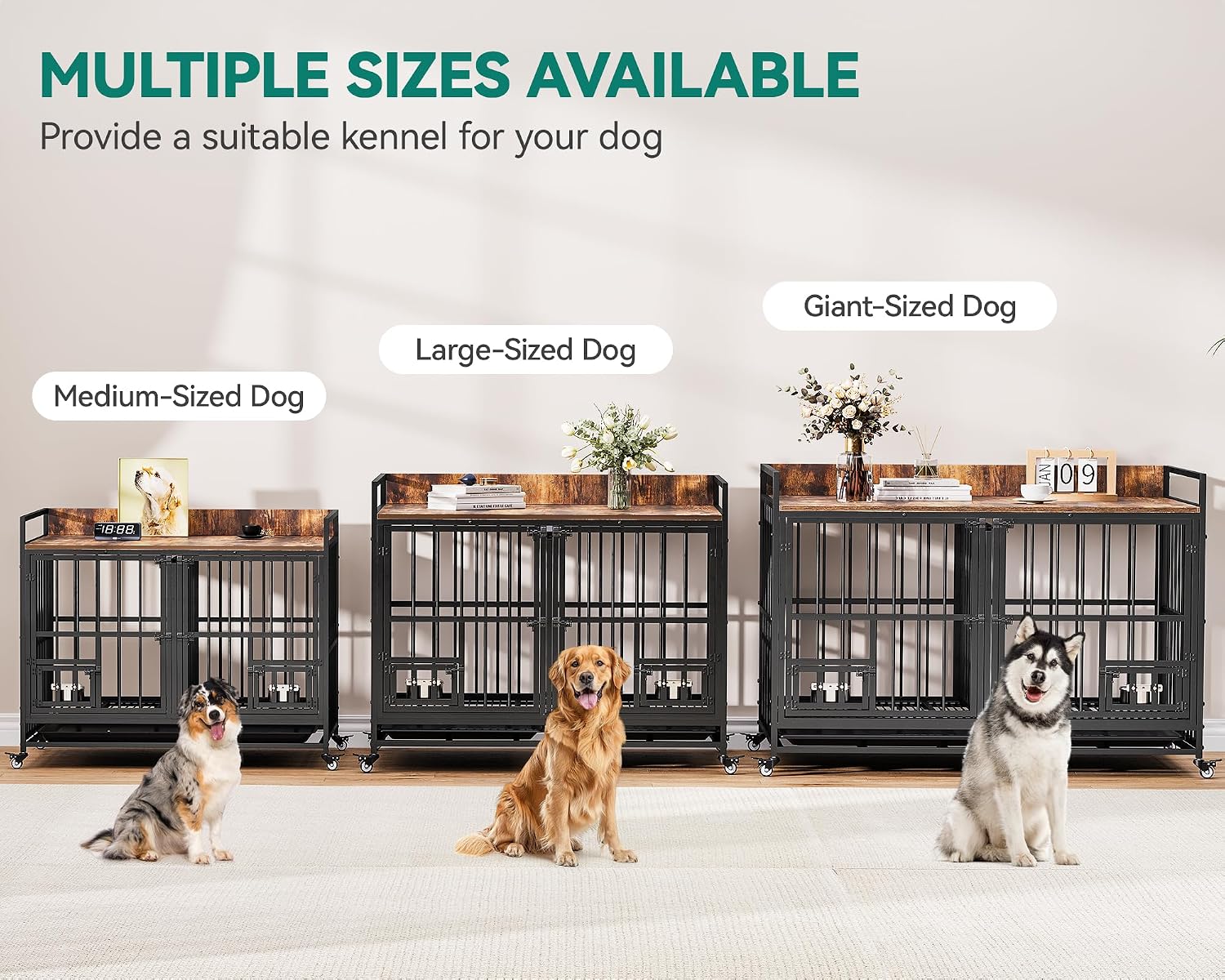 YITAHOME 37.5'' Heavy Duty Dog Crate with Removable Divider, Double Doors & Locks Design, Furniture Style Large Dog Crate with 360° Rotatable Dog Bowls & 360° Wheels & 2 Trays for Small Dog