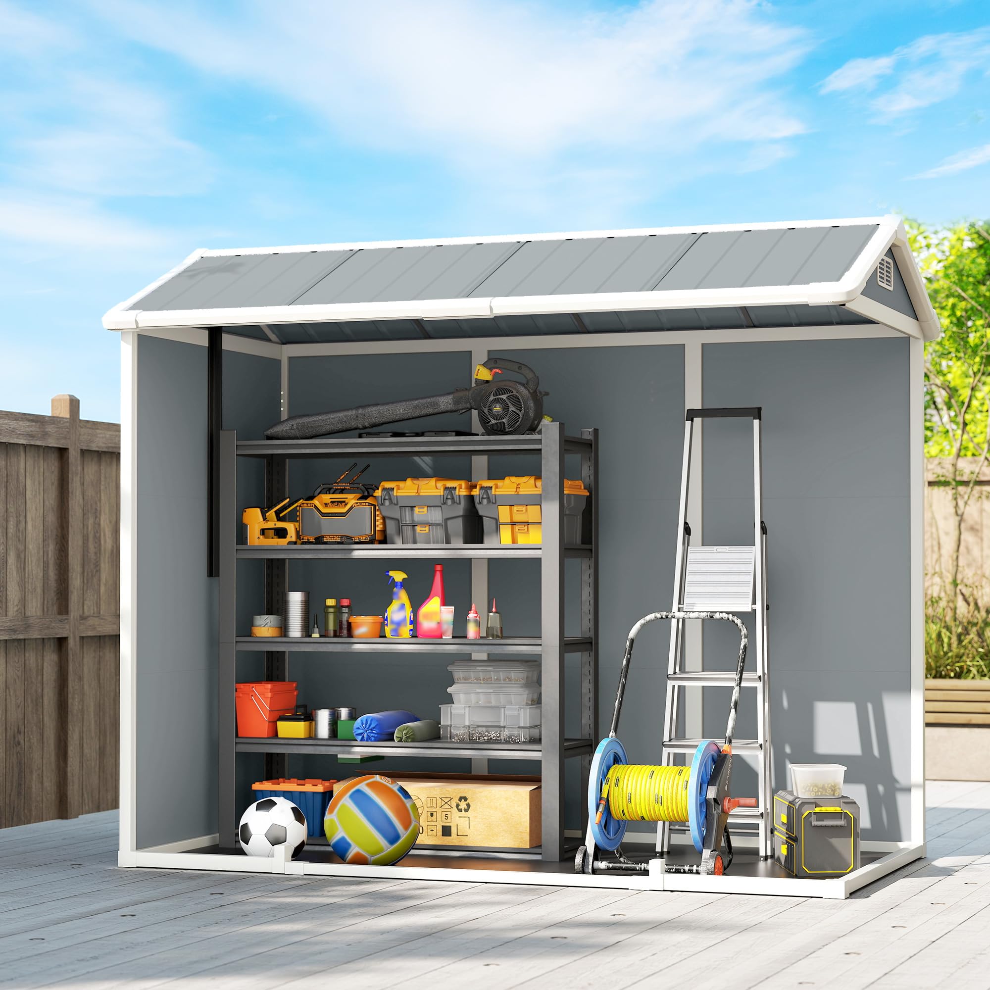 Outsunny 8 x 4 ft Resin Garden Shed, Wood-Effect Outdoor Storage Shed with Floor, Double Windows, Lockable Doors and Vents, for Tools, Bike, Generator, Light Grey — view 8