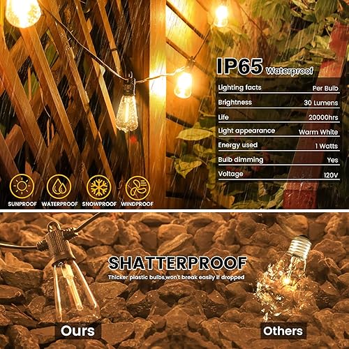 Miniatura 3 de Guirnalda de luces LED para exteriores de 25 pies, luces colgantes para patio con 12 bombillas Edison vintage, inastillables, impermeables, con