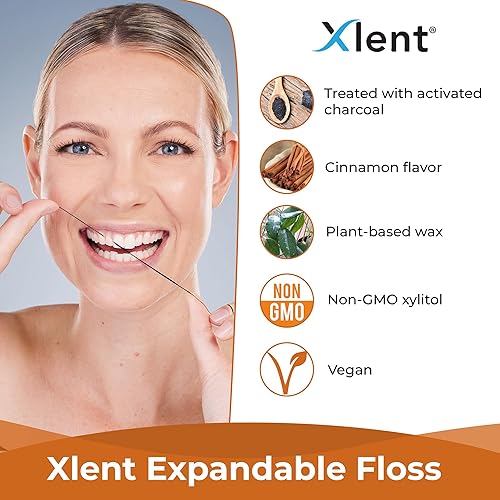 Miniatura 8 de Xlent Hilo dental expandible tratado con carbón activado, xilitol, cera natural a base de plantas, sabor refrescante a menta, paquete de 5 (solo
