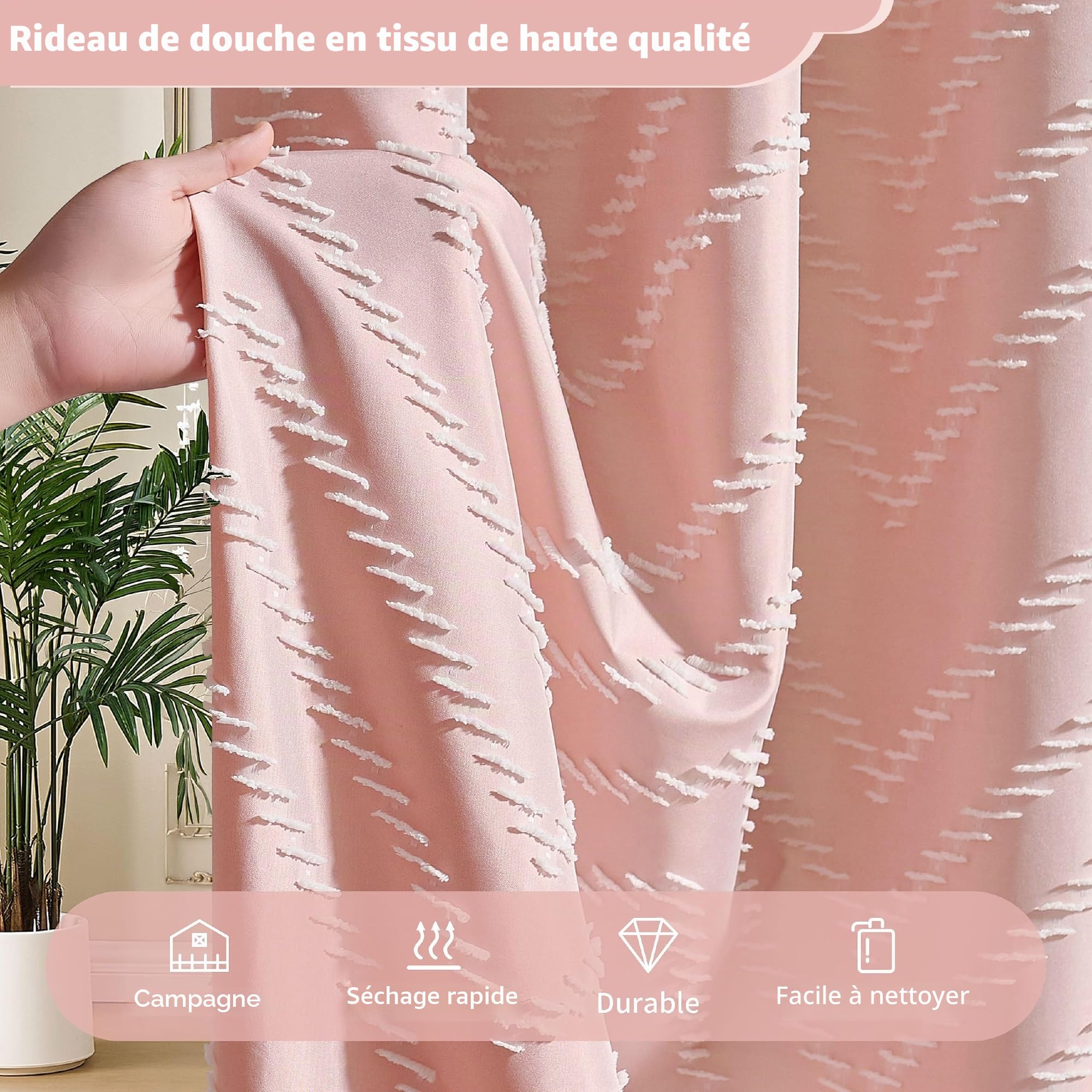 Siiluminisoy Rideau de Douche en Tissu tissé à Pampilles de Style bohème Moderne texturé touffeté à Rayures pour Salle de Bain, 183 x 183 cm, Rose