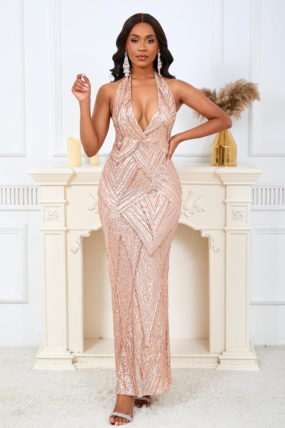 VERWIN Women's Sequin Halter V Neck Formal Sleeveless Bodycon Sparkly Prom Evening Party Backless Maxi Dress