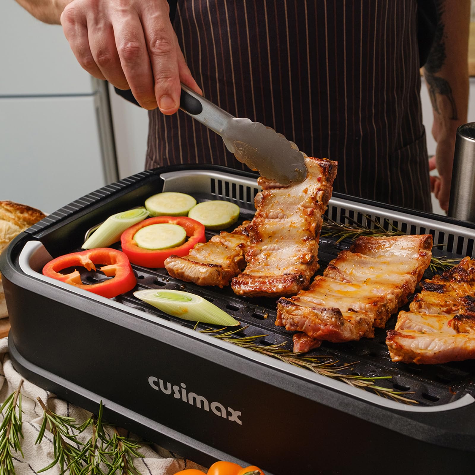 CUSIMAX Elektrogrill Tischgrill 1500W mit Deckel, Antihaftbeschichtung Grillplatte & Griddleplatte, Smokeless Grill mit Einstellbarer Thermostat