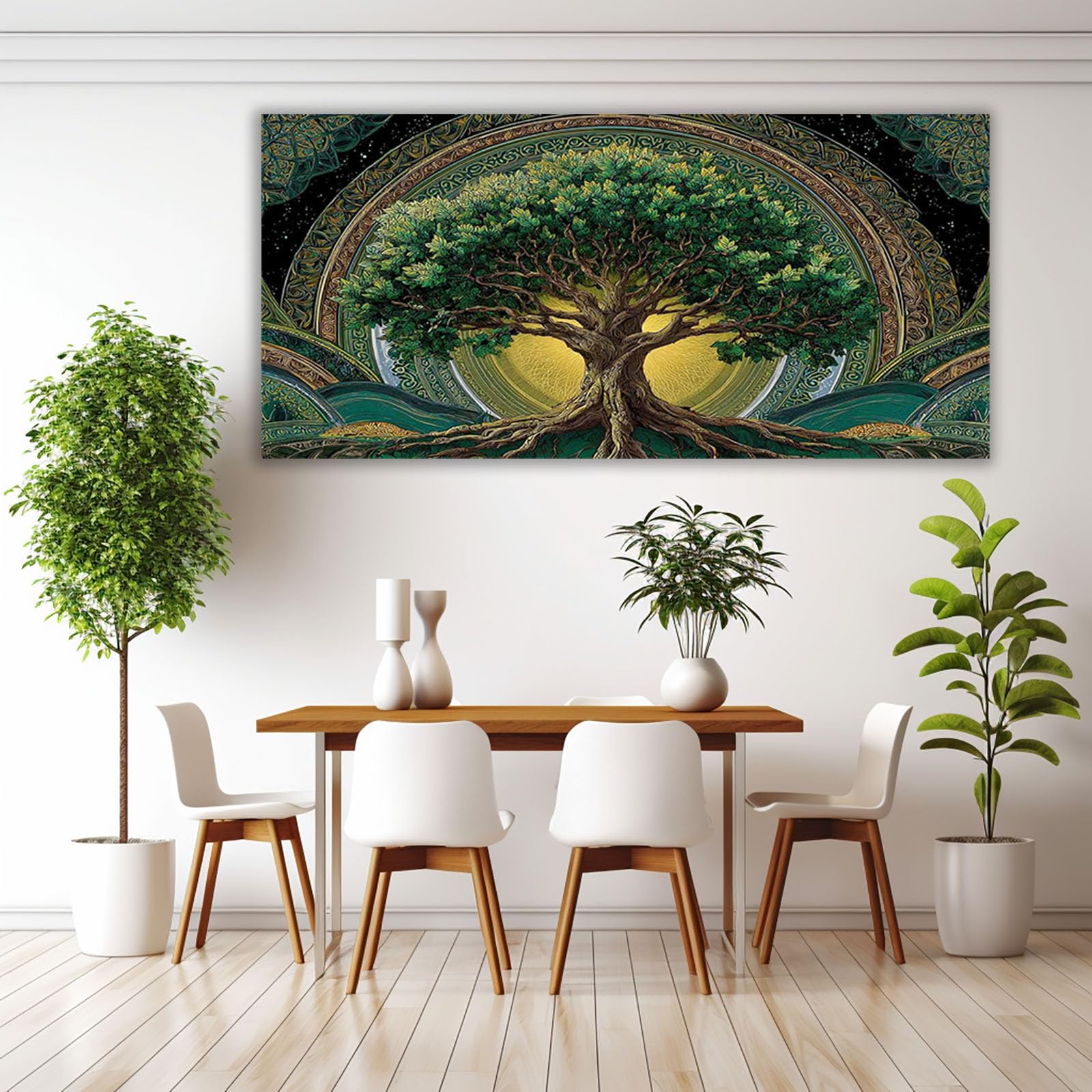 WIKEO Drzewo życia druk na płótnie malarstwo ścienne abstrakcyjne drzewo życia nowoczesny salon jadalnia łazienka kuchnia i biuro obraz plakat (zielony) - 60 x 120 cm oprawiony