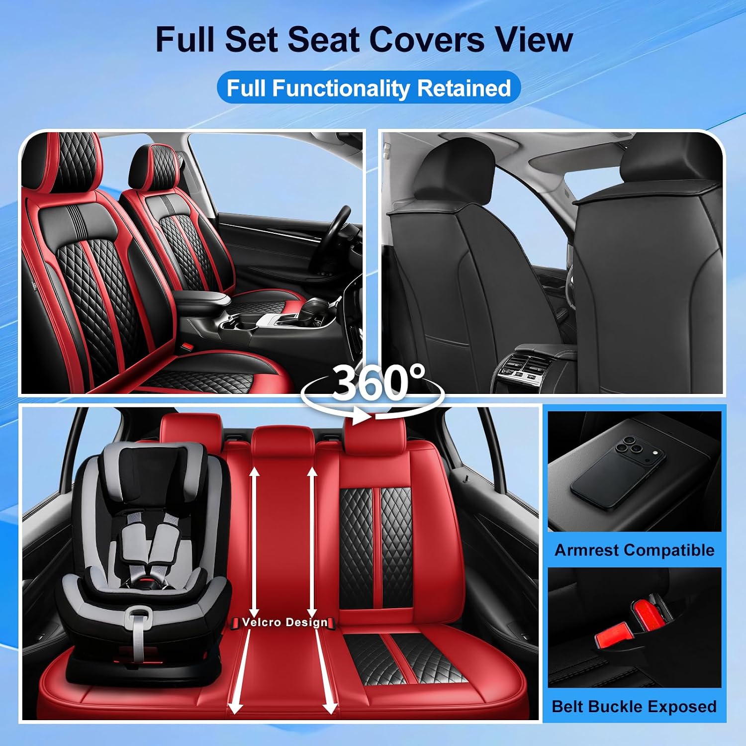 Fit A5 Car Seat Covers (Front Pair) for Select Audi A5 2011-2026, Premium Full Coverage Leather, Airbag Compatible, Waterproof & All Weather Breathable Seat Cushion Protector, Black+Red