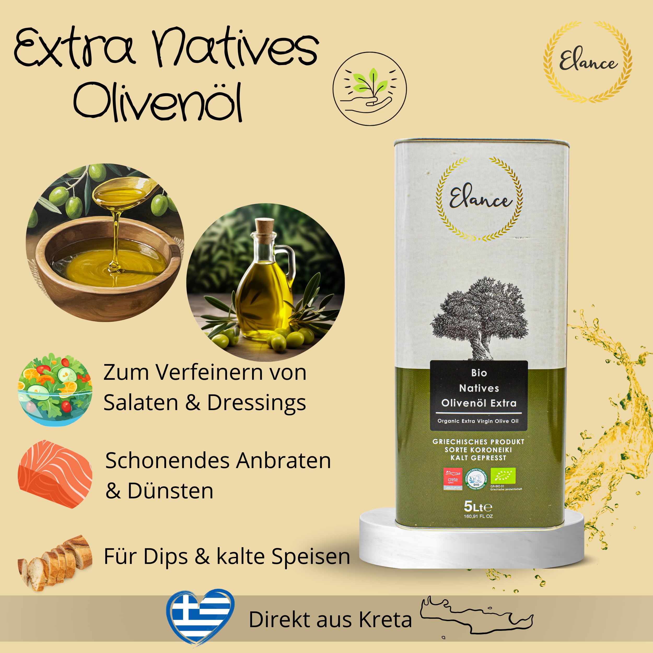 Elance Bio Olivenöl 5L – Natives Olivenöl Extra Vergine – Kaltgepresst, Griechisches Olivenöl – Extra Vergine Premium Qualität – Ideal zum Braten & Kochen