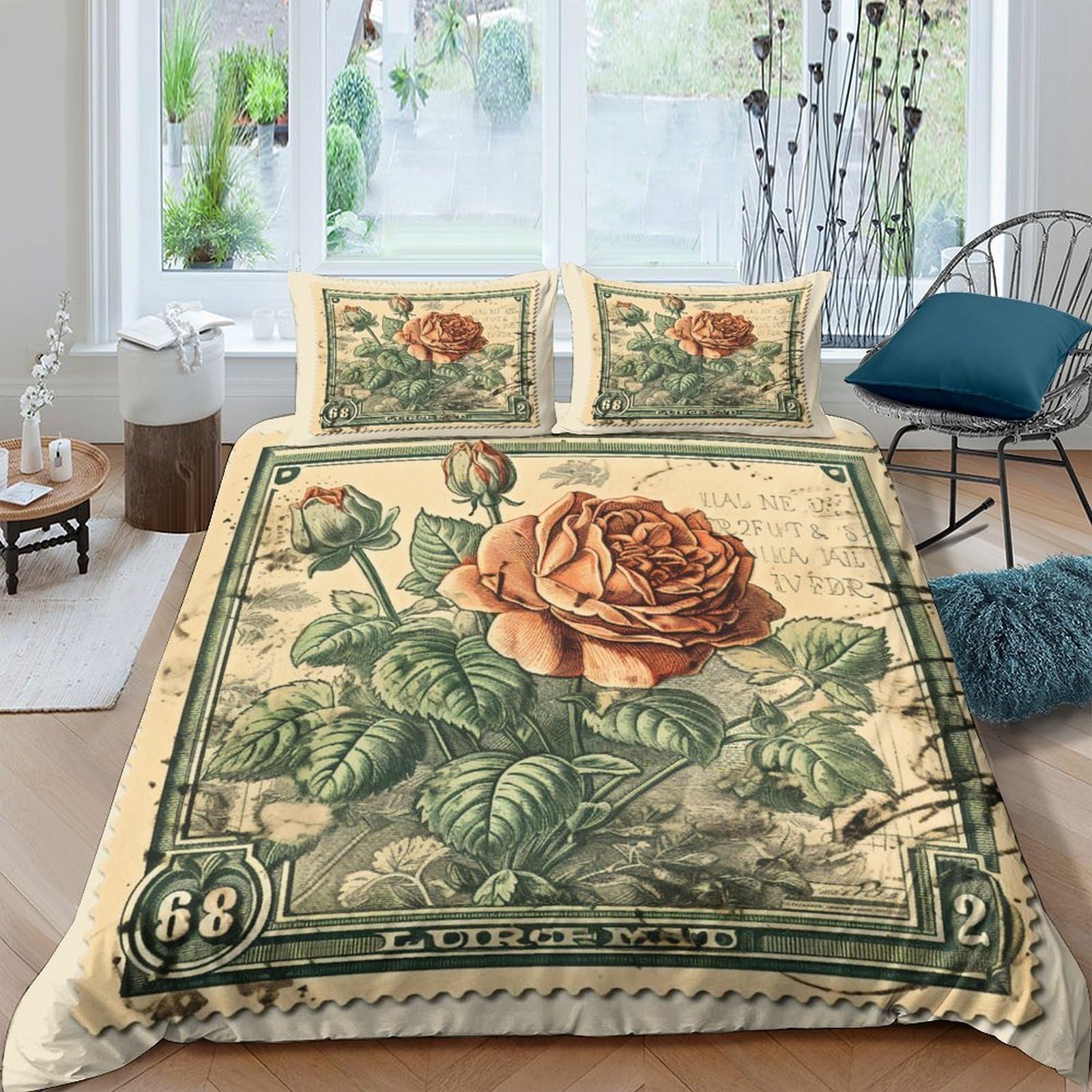Housses de couettes rose 3D imprimé timbre d'époque en microfibre douce parure 3 pièces double