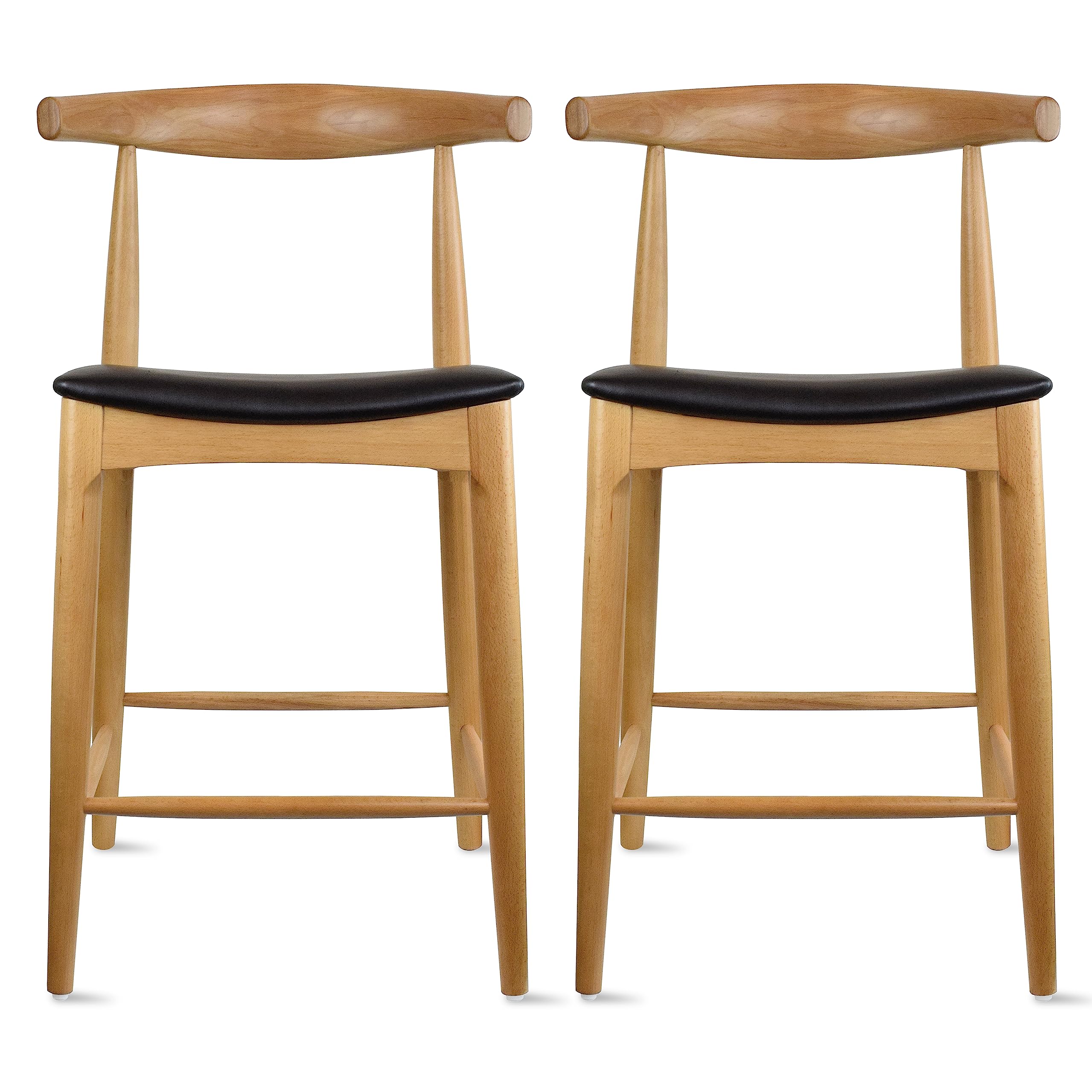 2xhome Solid Wood Farmhouse 25" Counter Stools with PU Leather Cushion Seat, Modern Accent Dining Elbow Chair Barstool (Natural Set of 2)