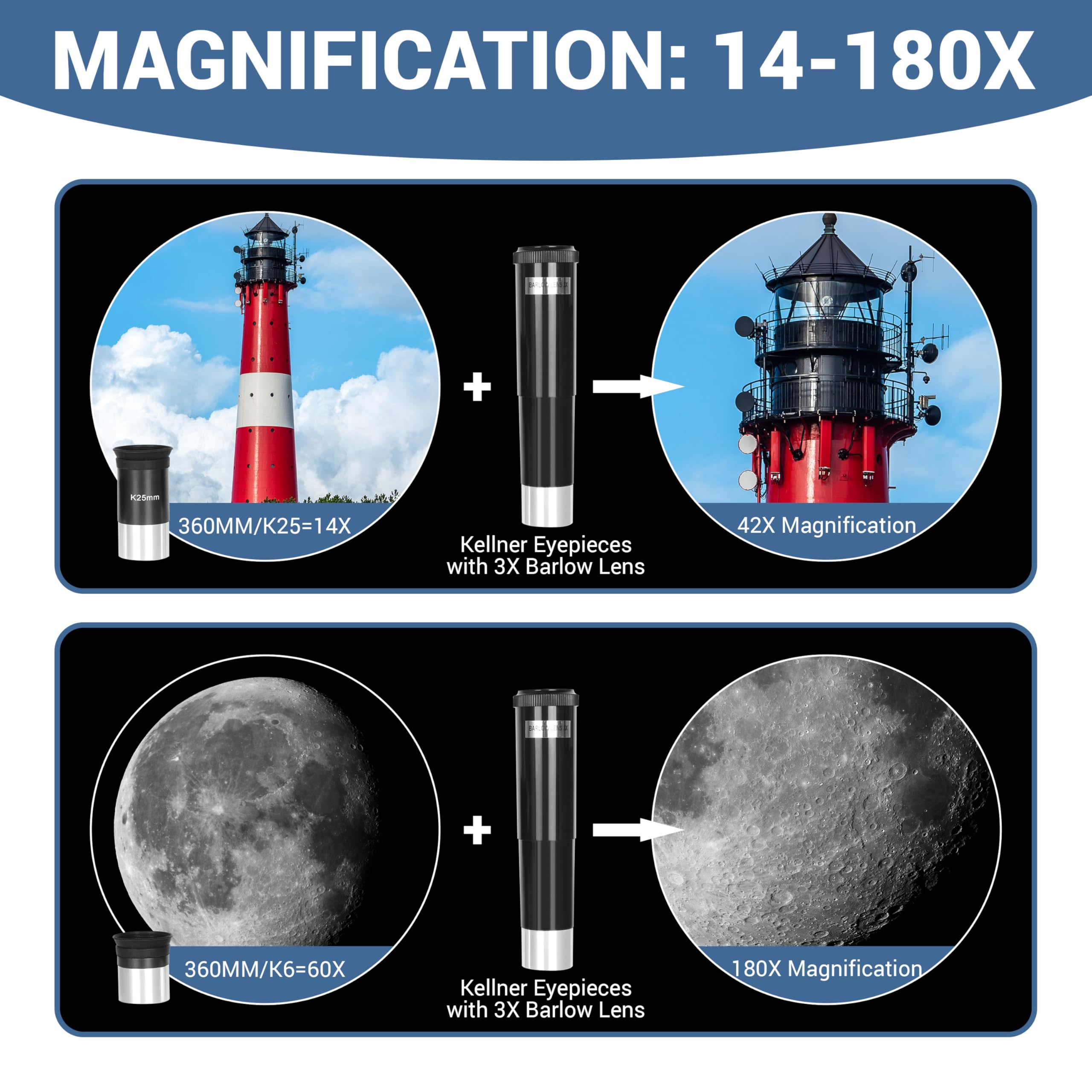 ESSLNB Télescope Astronomique 360/70 pour Adultes Débutants, avec Trépied Ajustable, Adaptateur Téléphonique, Lentille Barlow 3X et Filtre Lunaire, Idéal Observation Lune Planètes