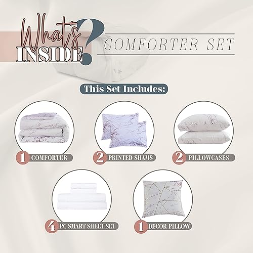 Miniatura 3 de Elegant Comfort Juego de edredón reversible de 10 piezas, estampado de mármol, almohada decorativa y sábana bajera con bolsillos inteligentes,