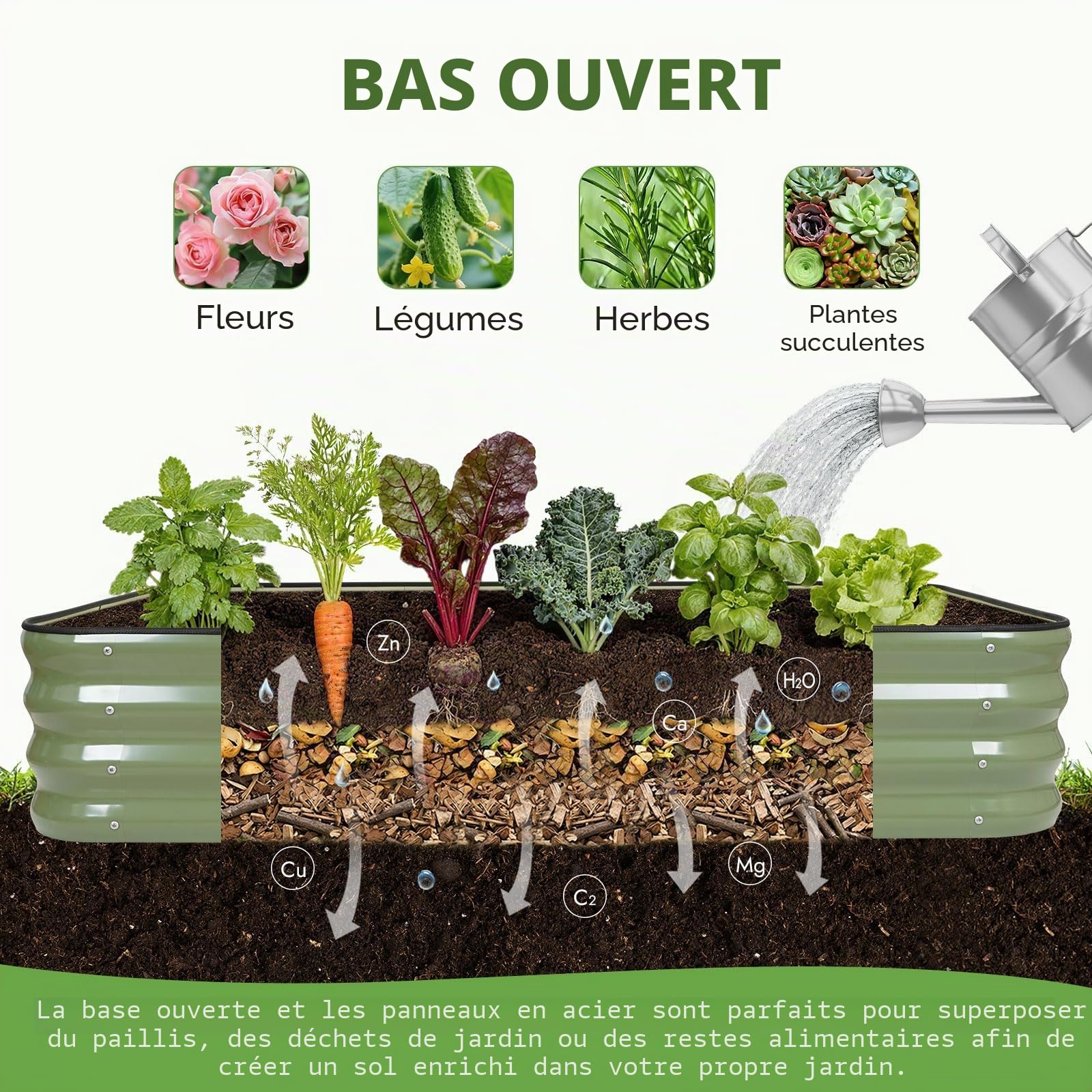 INNO STAGE Lot de 2 jardinières surélevées réglables en métal de 1,5 m pour cultiver des légumes, des herbes, des fleurs en acier, vert olive