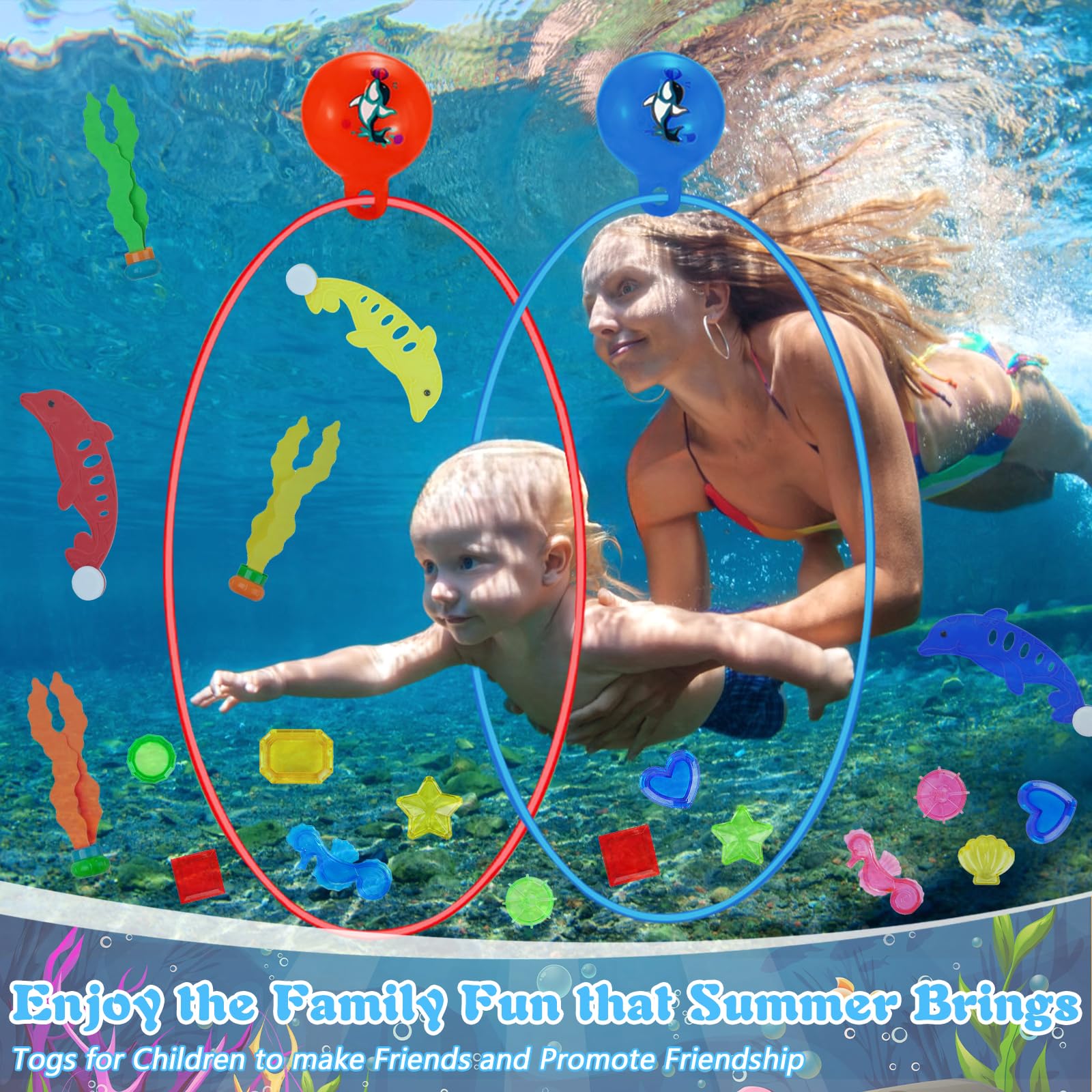 27pcs Jouets de Plongée,Jeux de Piscine pour Enfant,Jouet sous Eau Piscine Été inclure 3 Anneaux de plongée,Gemme,Dauphin,Algues etc,pour Enfants Entrainement de plongée,Cadeaux 5-12 Ans.