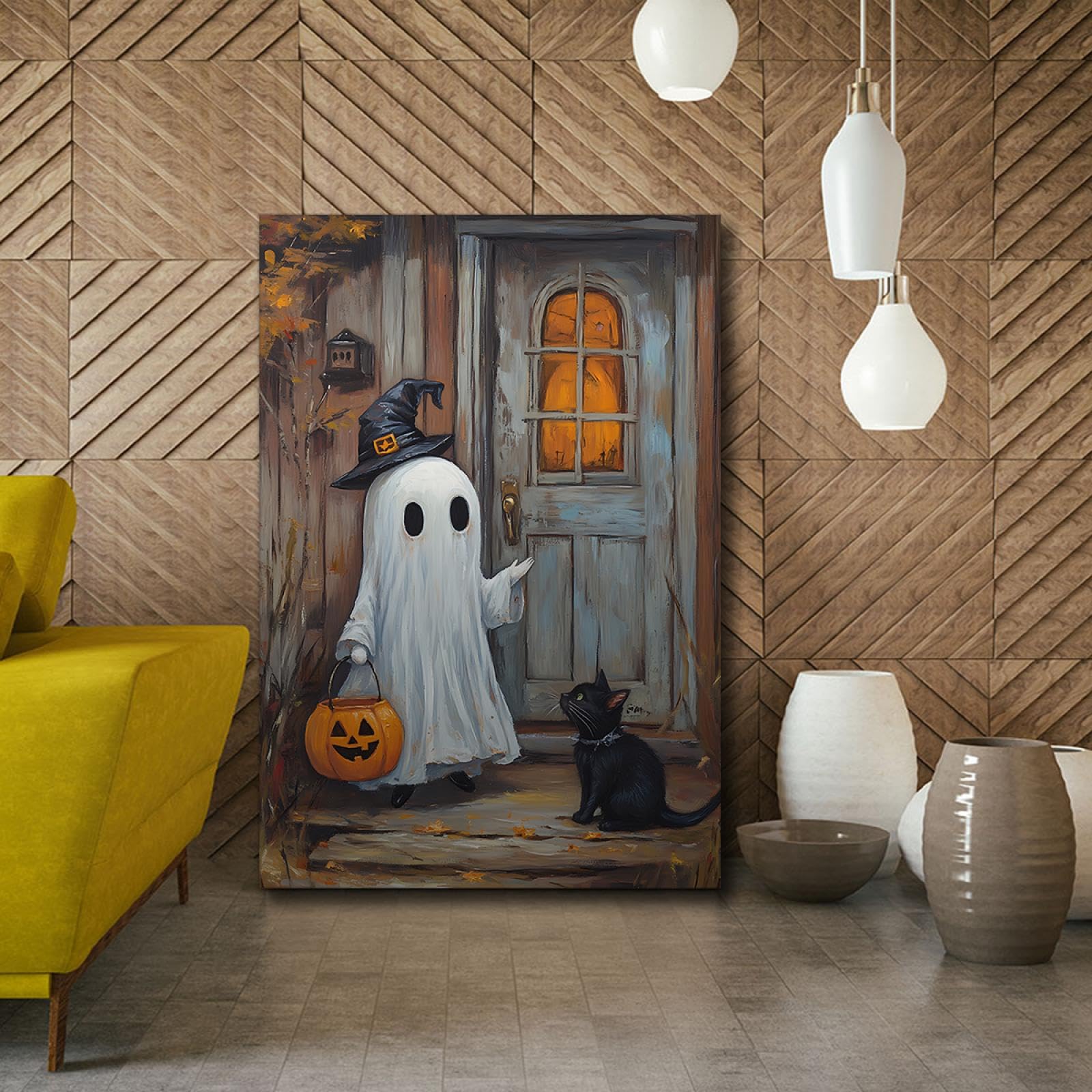 Via Vela Dunkler und seltsamer Stil Leinwanddruck Wandkunst Karikatur Alter Innenhof Geist und schwarze Katze Poster Bild Malerei für Klassenzimmer Dekor 50x75cm Innenrahmen