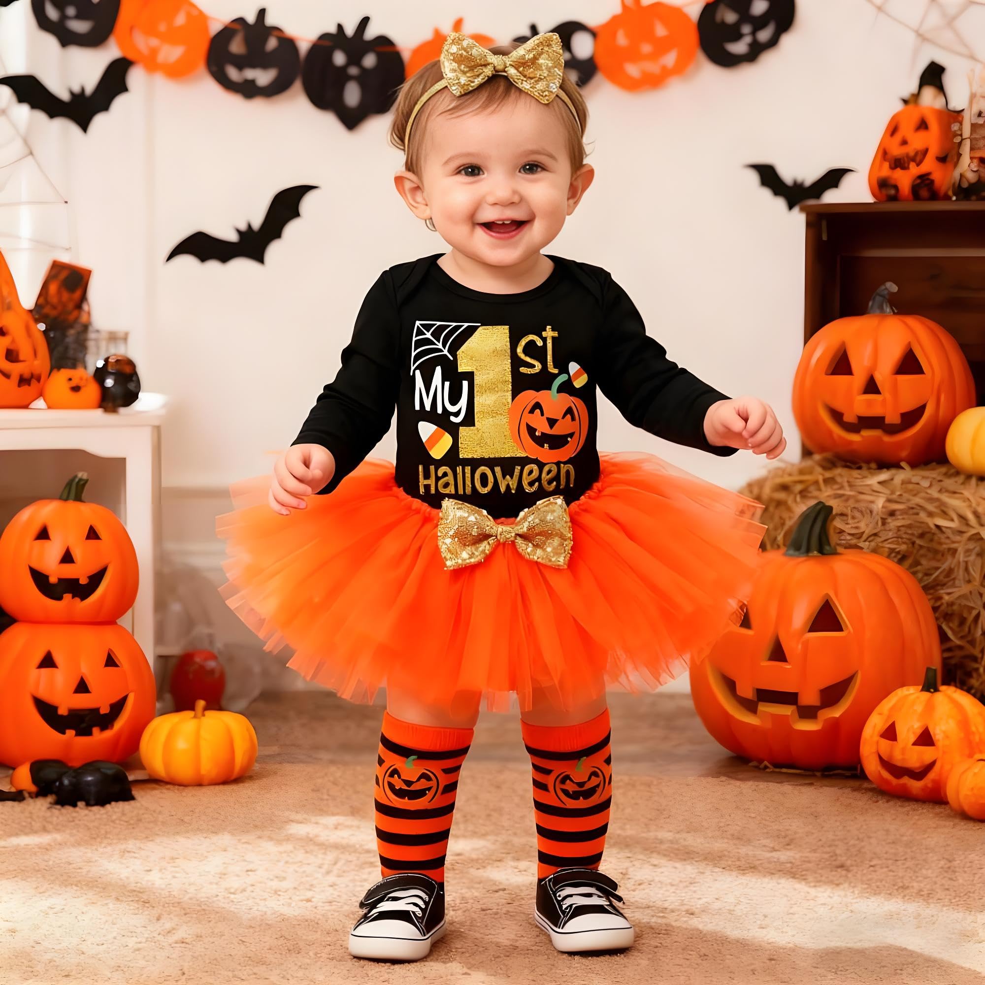 FUTERLY Vestito Halloween Neonato, Il Mio Primo Costume Halloween Neonato, Vestiti Halloween Neonata, Tutina Halloween Neonata +Gonna Tutu+Calze Lunghe+Fascia, Vestito Zucca Neonata
