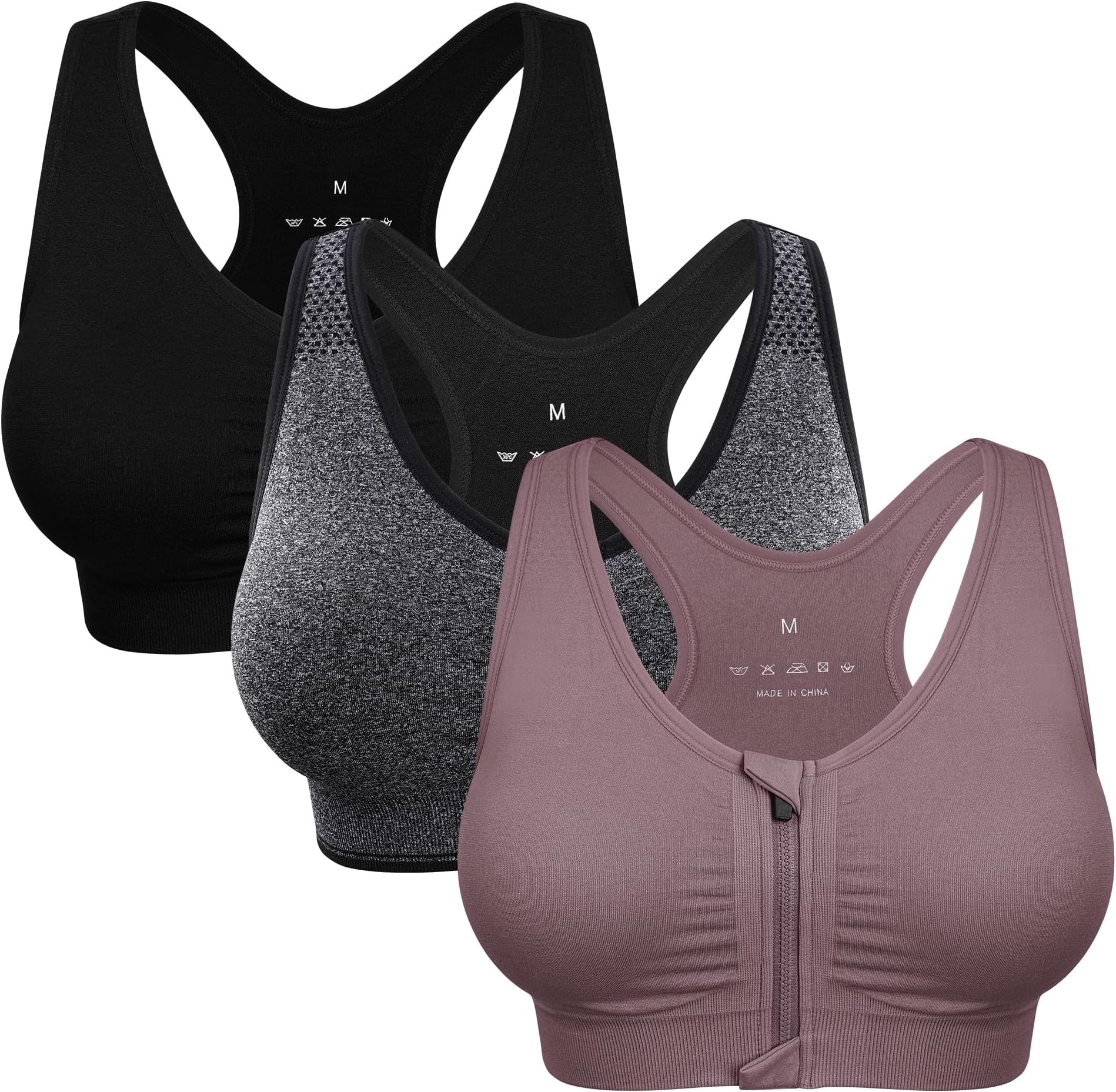 Women's Zip Front Sports Bra Wireless Post-Surgery Bra Active Yoga Sports Bras
