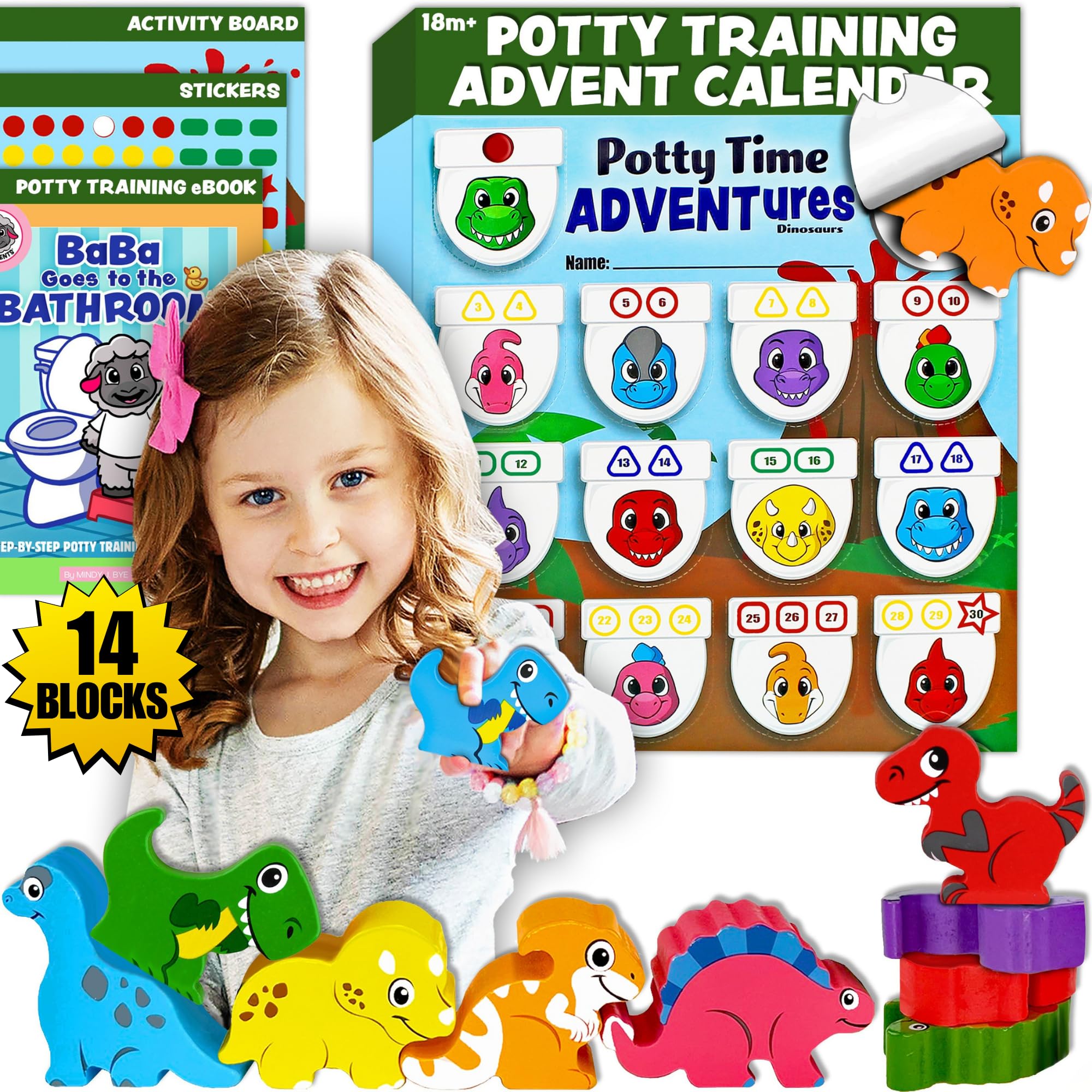 14PC Wooden Stacking Blocks Dinosaur Advent Calendar, Montessori Toys for Toddlers, Fine Motor Skill Development, Behavior Reward Chart Potty Training System, LIL ADVENTS Potty Time Adventures + eBook