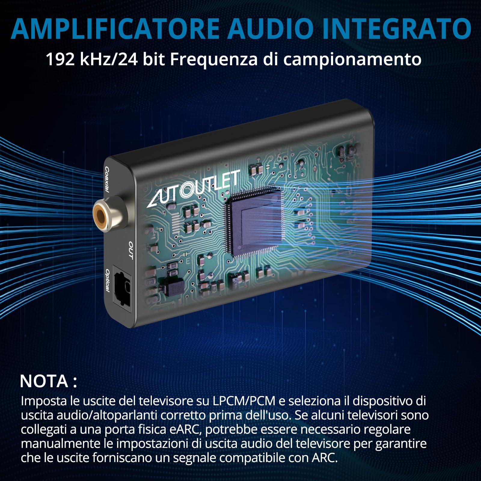 AUTOUTLET Estrattore Audio HDMI ARC,Convertitore Audio ARC a Ottico/Coassiale Estrazione Digitale 192kHz con Cavi HDMI/Ottico per Soundbar Amplificatori