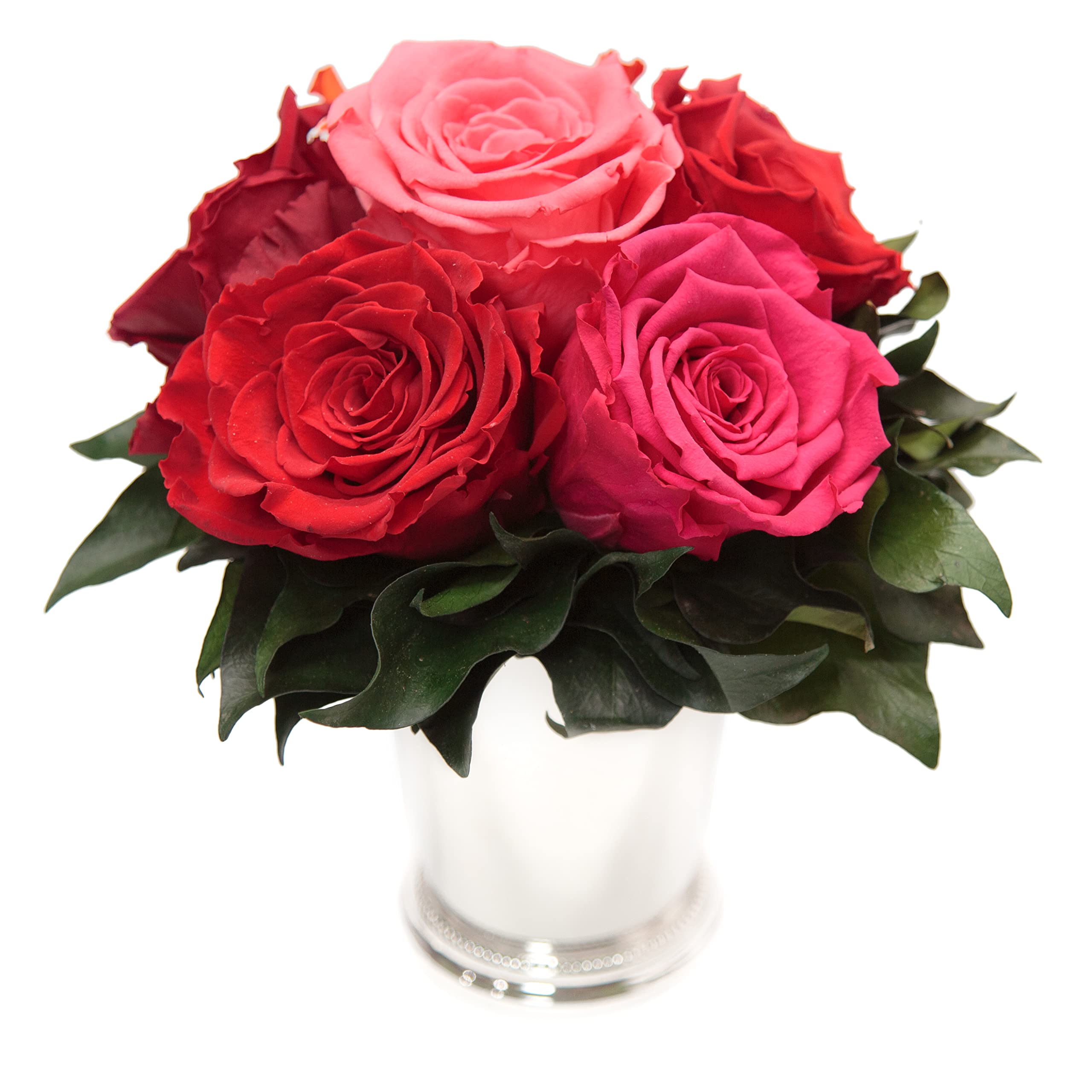 Rosengesteck 6 konservierte Rosen mit Efeublättern Infinity Rosenbox rund 3 Jahre haltbar Ø 20-23 cm Höhe 21 cm