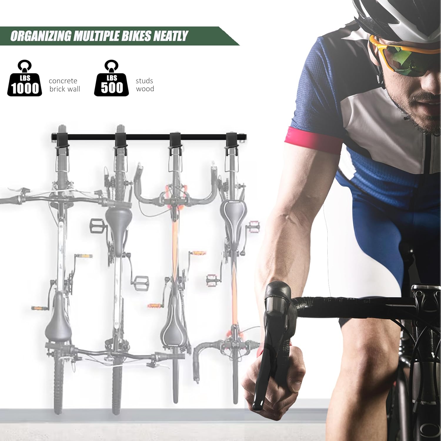 Wall Bike rack, Fits Max 3 Inch for Mountain Bike eBike, 110 lbs Weight Capacity, with Extra Helmet Hook, Modular Hook Track Design Heavy duty Wall mount Bicycle Hanger for Garage Storage